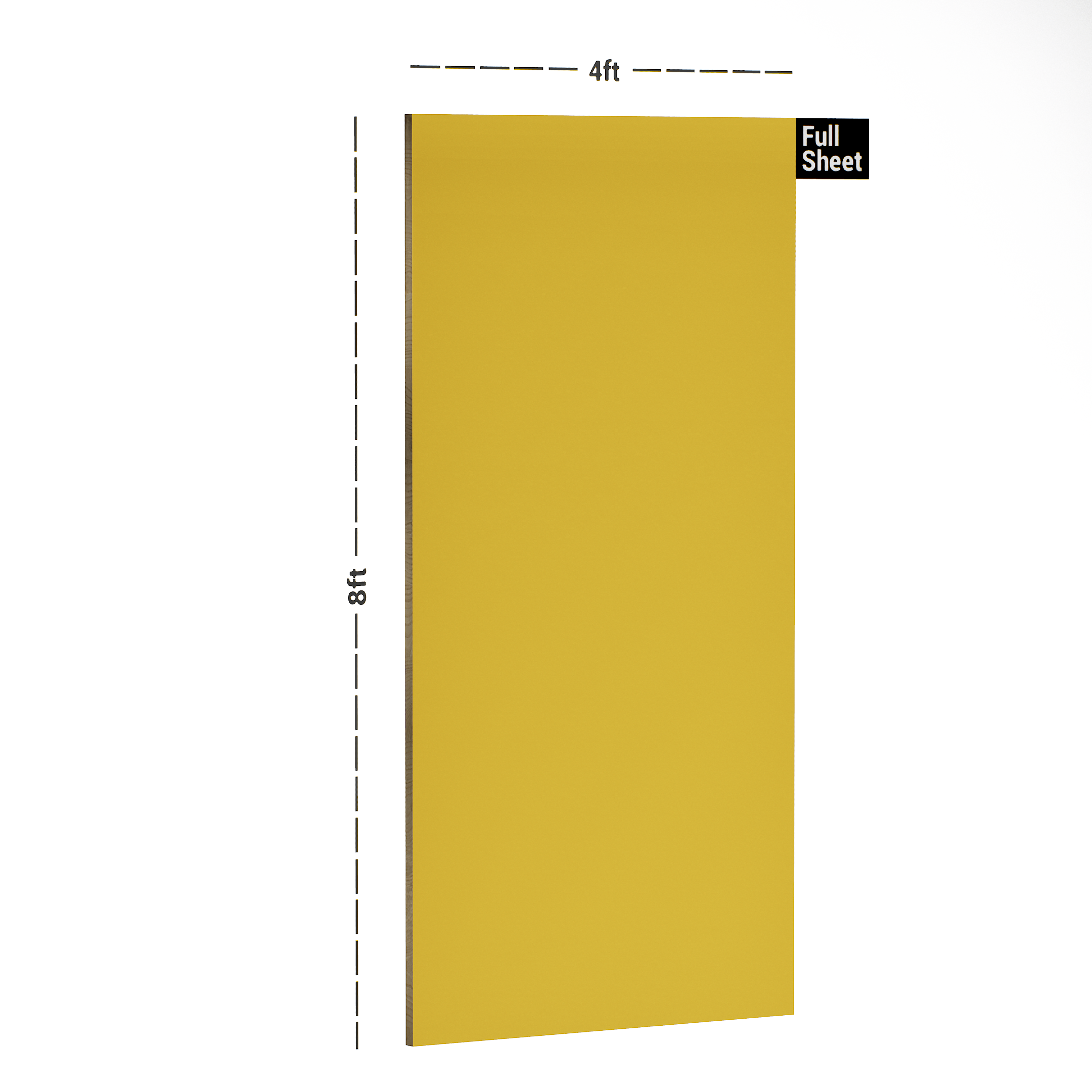 Dimension image of Oliviya 11020 SF Yellow 8 ft x 4 ft Suede Solid Finish Laminate - 1 mm in an isometric setup | Material Depot