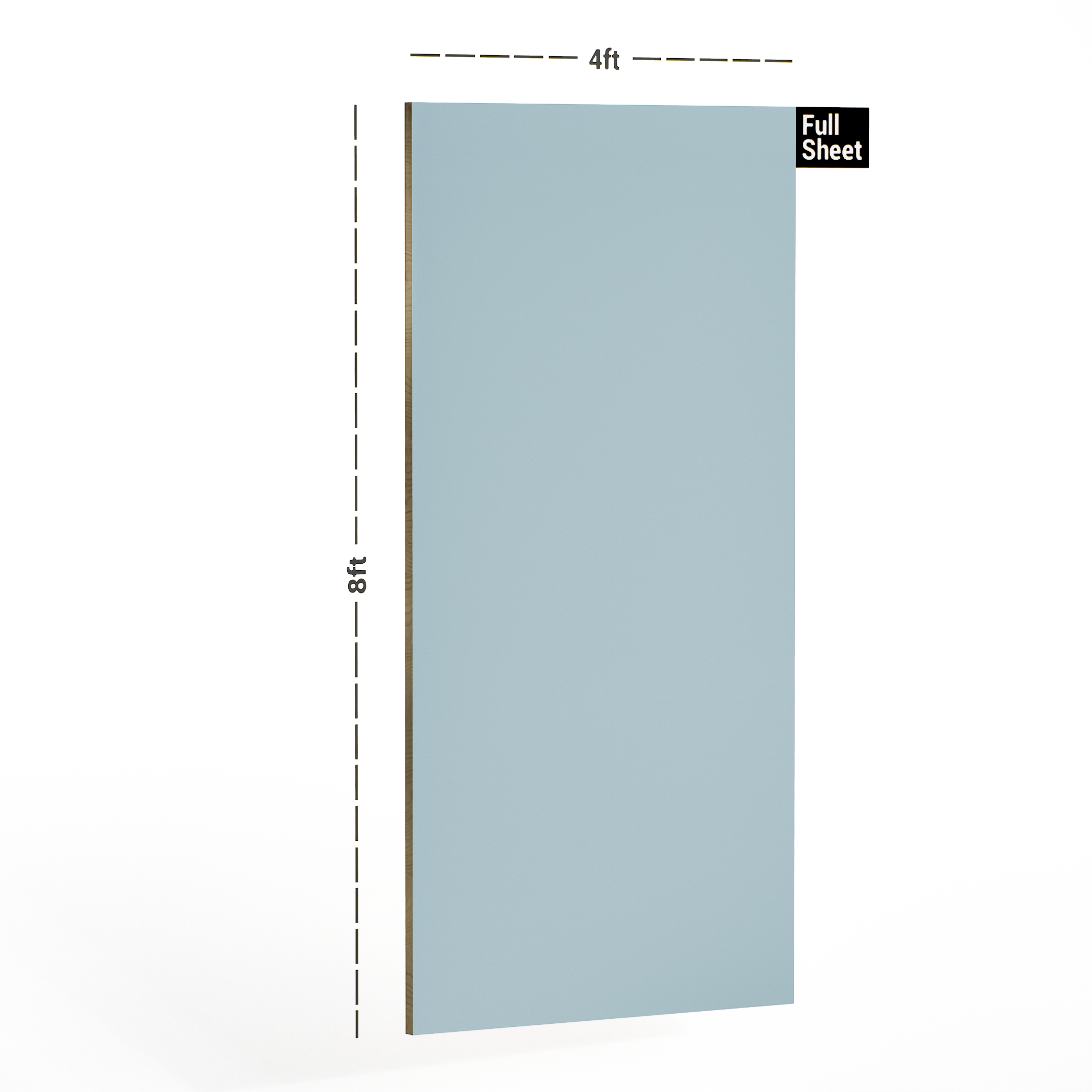 Dimension image of 11026 SAT Sky Blue Super Matt Finish 8 ft x 4 ft Insperia Satin Laminate - 1 mm in an isometric setup | Material Depot