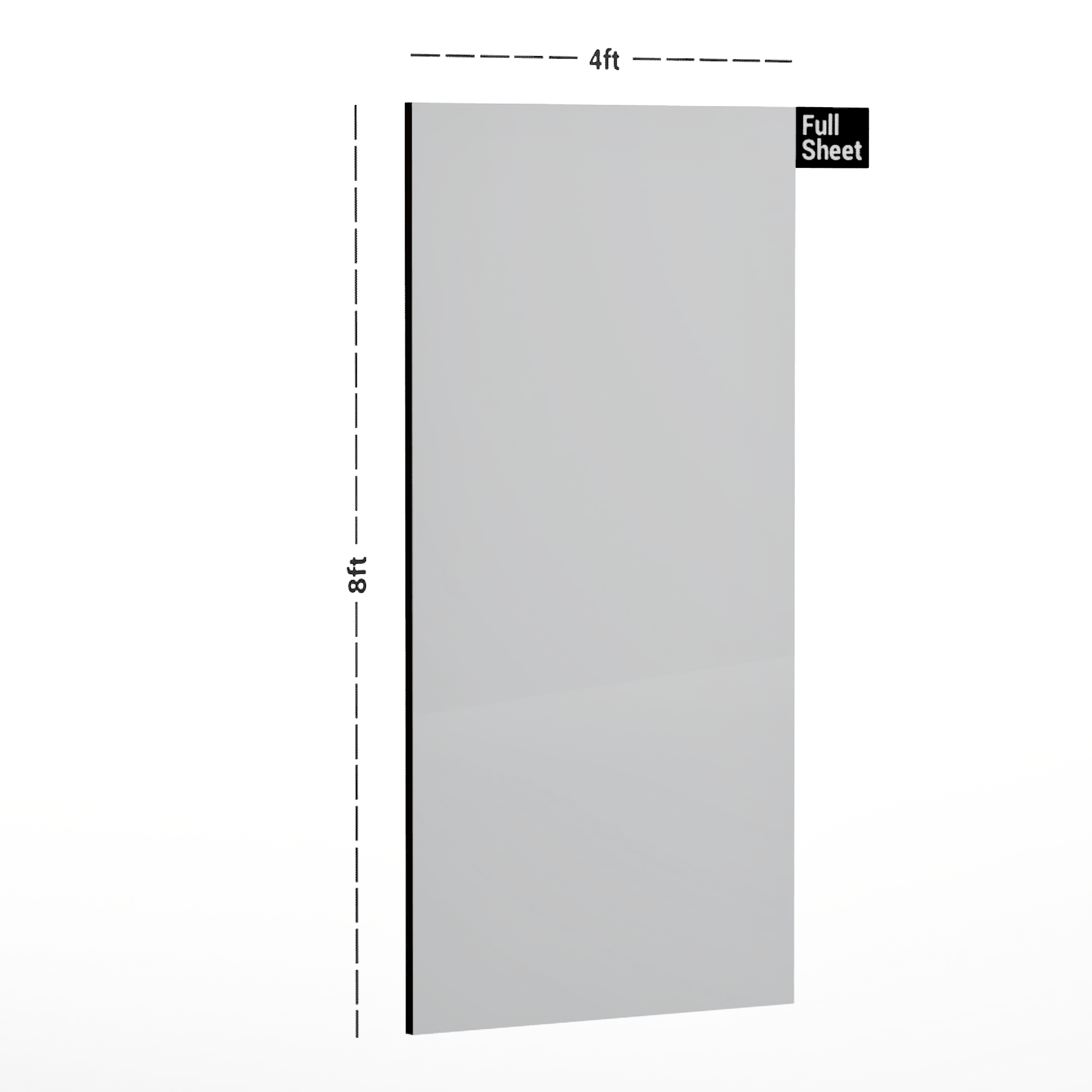 Dimension image of HGL 202 Nerolam Extra Shine Snow White 8 ft x 4 ft High Gloss Finish Laminate - 1 mm in an isometric setup | Material Depot