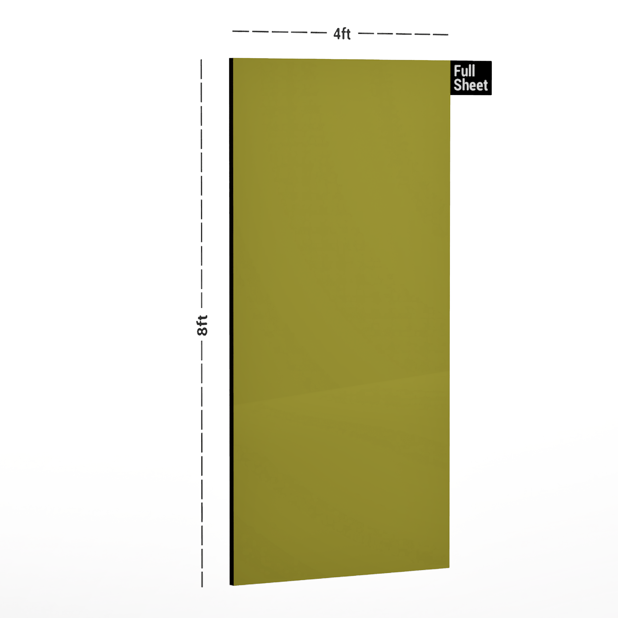 Dimension image of HGL 263 Nerolam Extra Shine Pista Green 8 ft x 4 ft High Gloss Finish Laminate - 1 mm in an isometric setup | Material Depot