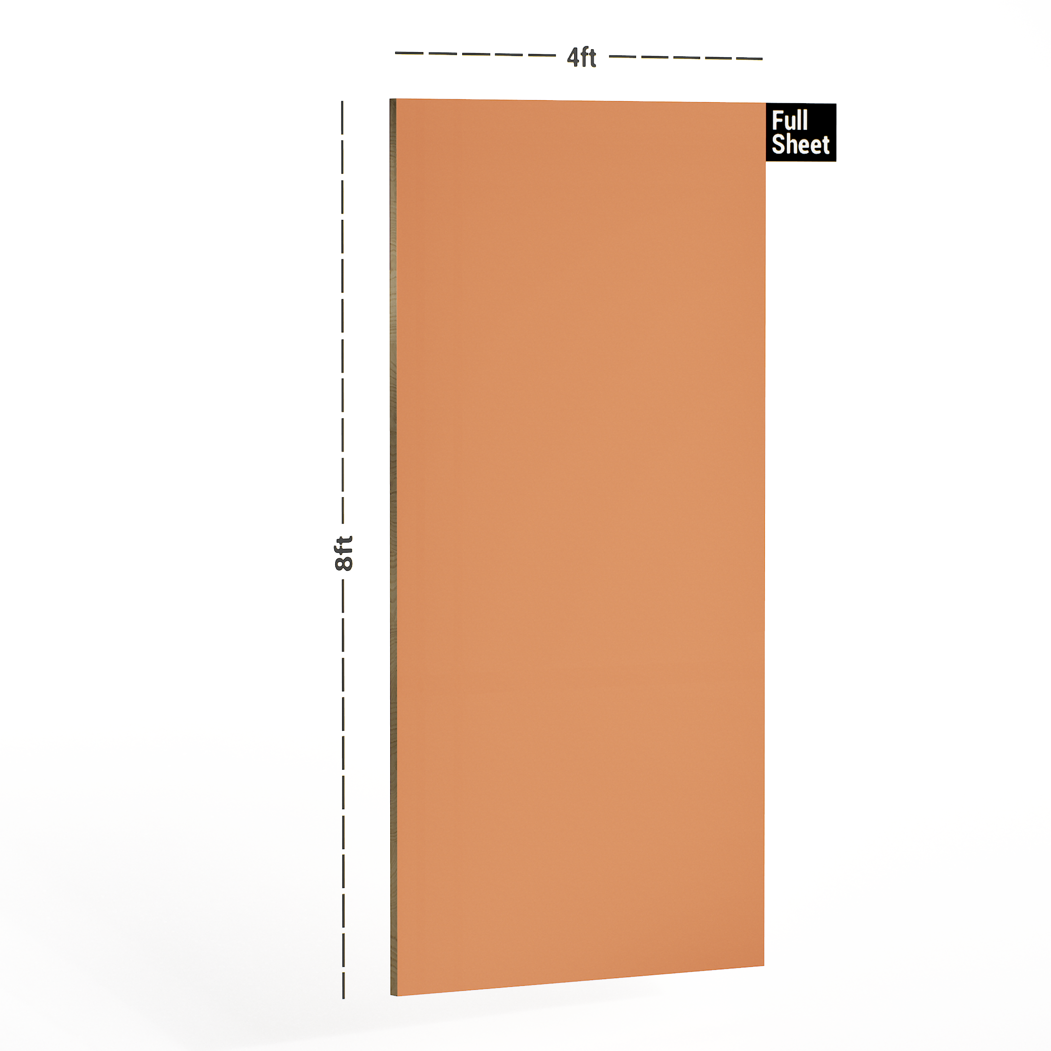 Dimension image of 108 SF 108 SF Orange 8 ft x 4 ft Solid Color Finish Laminate - 0.8 mm in an isometric setup | Material Depot