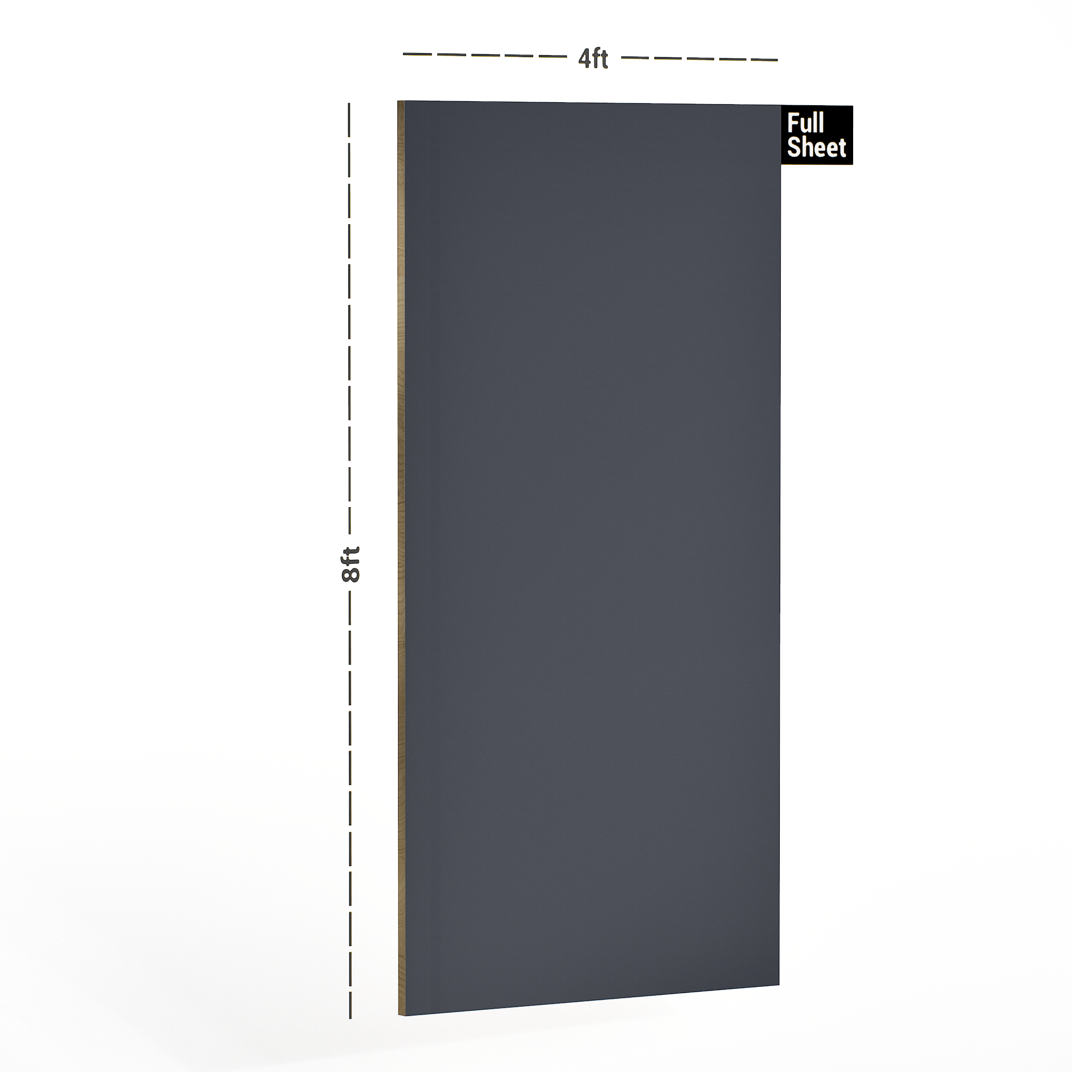 Dimension image of 118 SF 118 SF Dark Grey 8 ft x 4 ft Solid Color Finish Laminate - 0.8 mm in an isometric setup | Material Depot