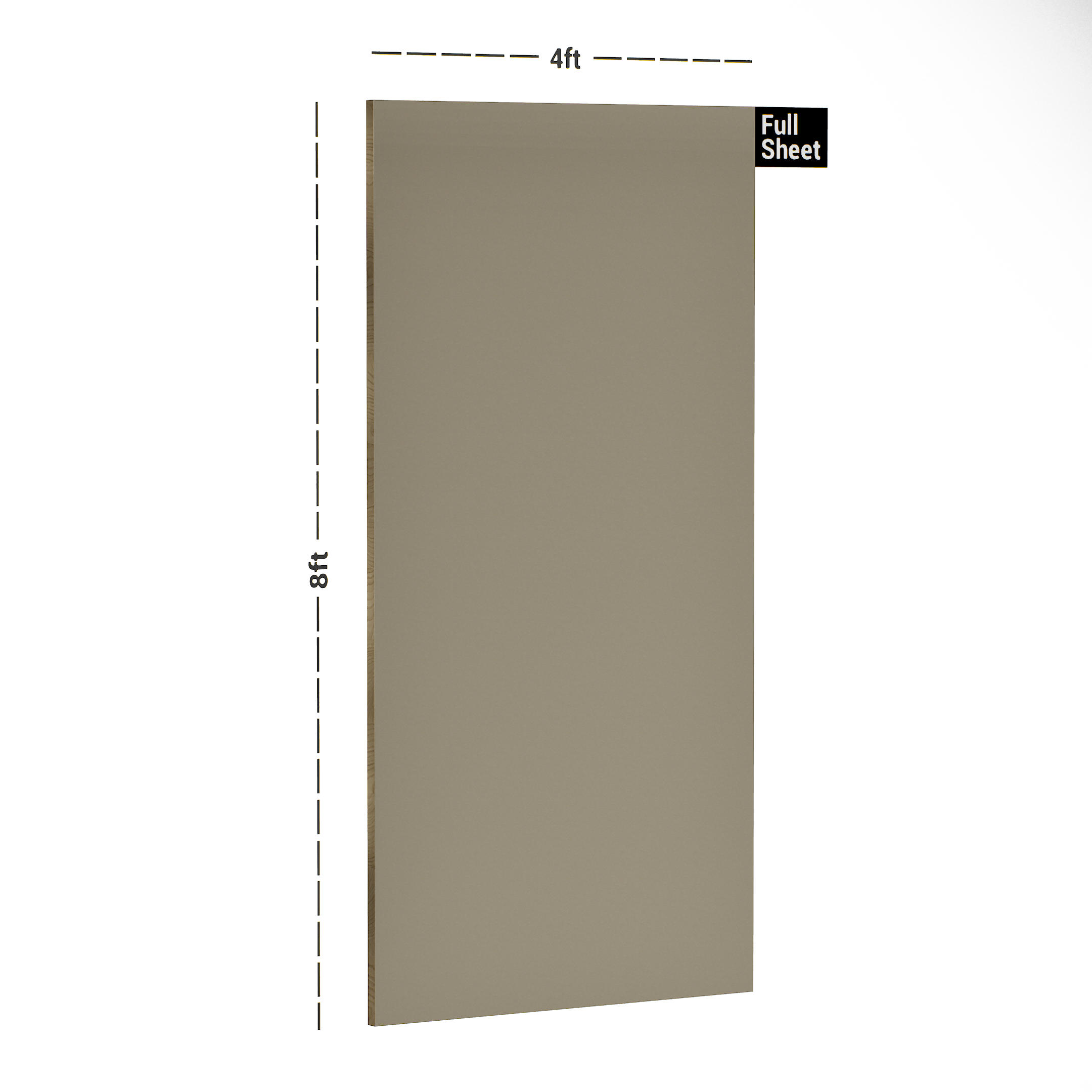 Dimension image of 3007 Tropical Tan 8 ft x 4 ft Petg Laminate Finish PVC Laminate - 1.5 mm in an isometric setup | Material Depot