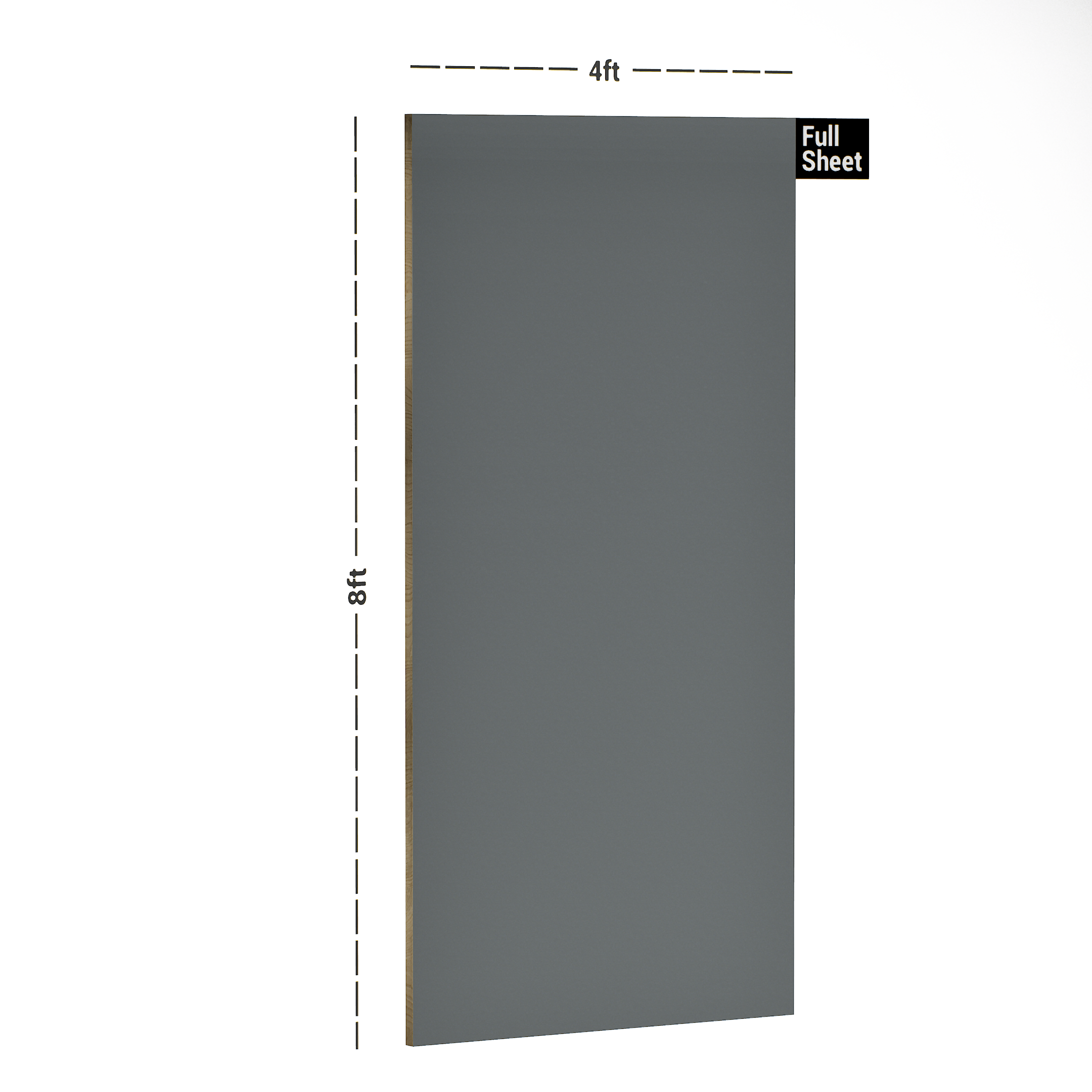 Dimension image of SHM 2115 Quick Grey 8 ft x 4 ft Metallic Shimmer Finish PVC Laminate - 1.25 mm in an isometric setup | Material Depot