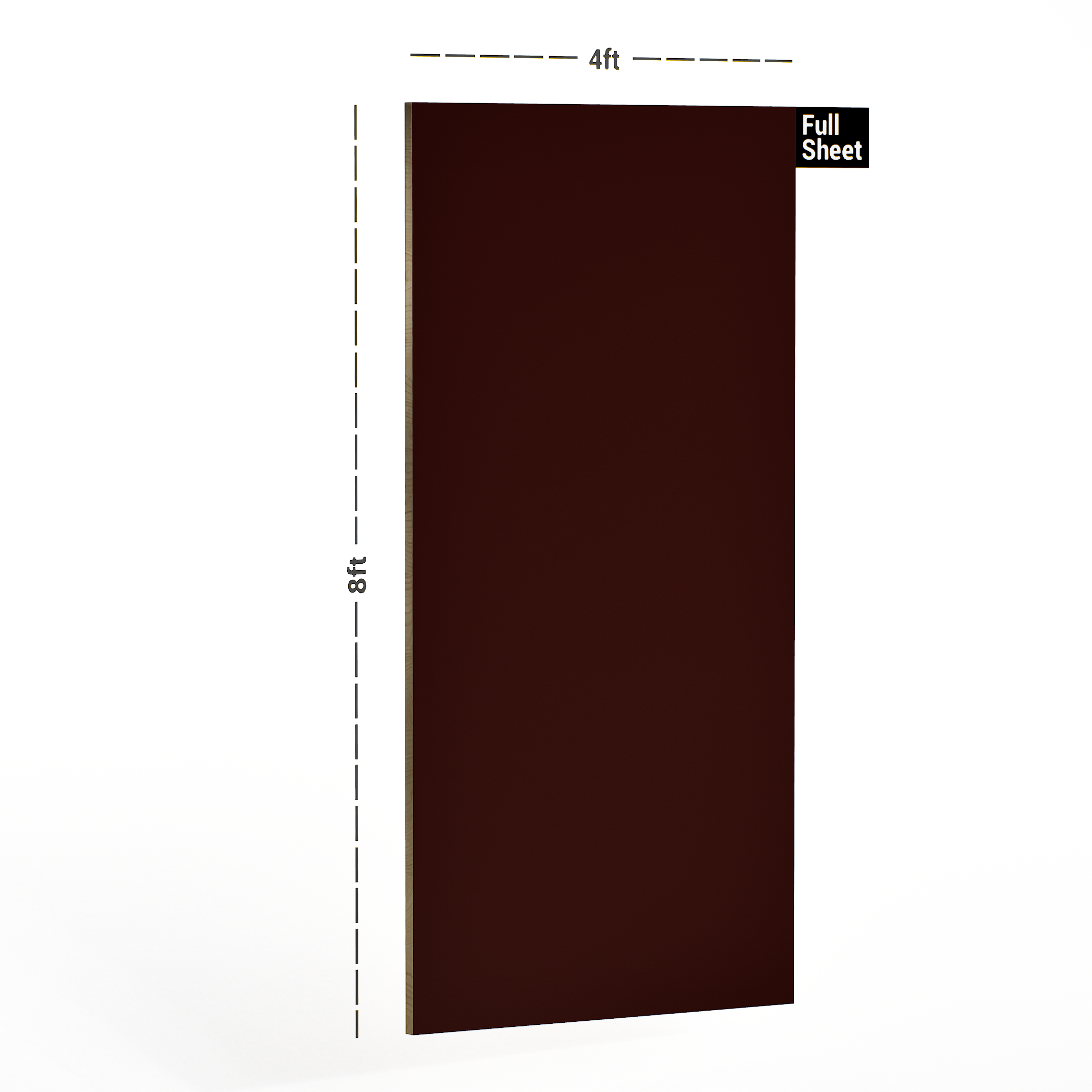 Dimension image of 1010 Dark Cherry 8 ft x 4 ft Solid High Gloss Finish PVC Laminate - 1.25 mm in an isometric setup | Material Depot