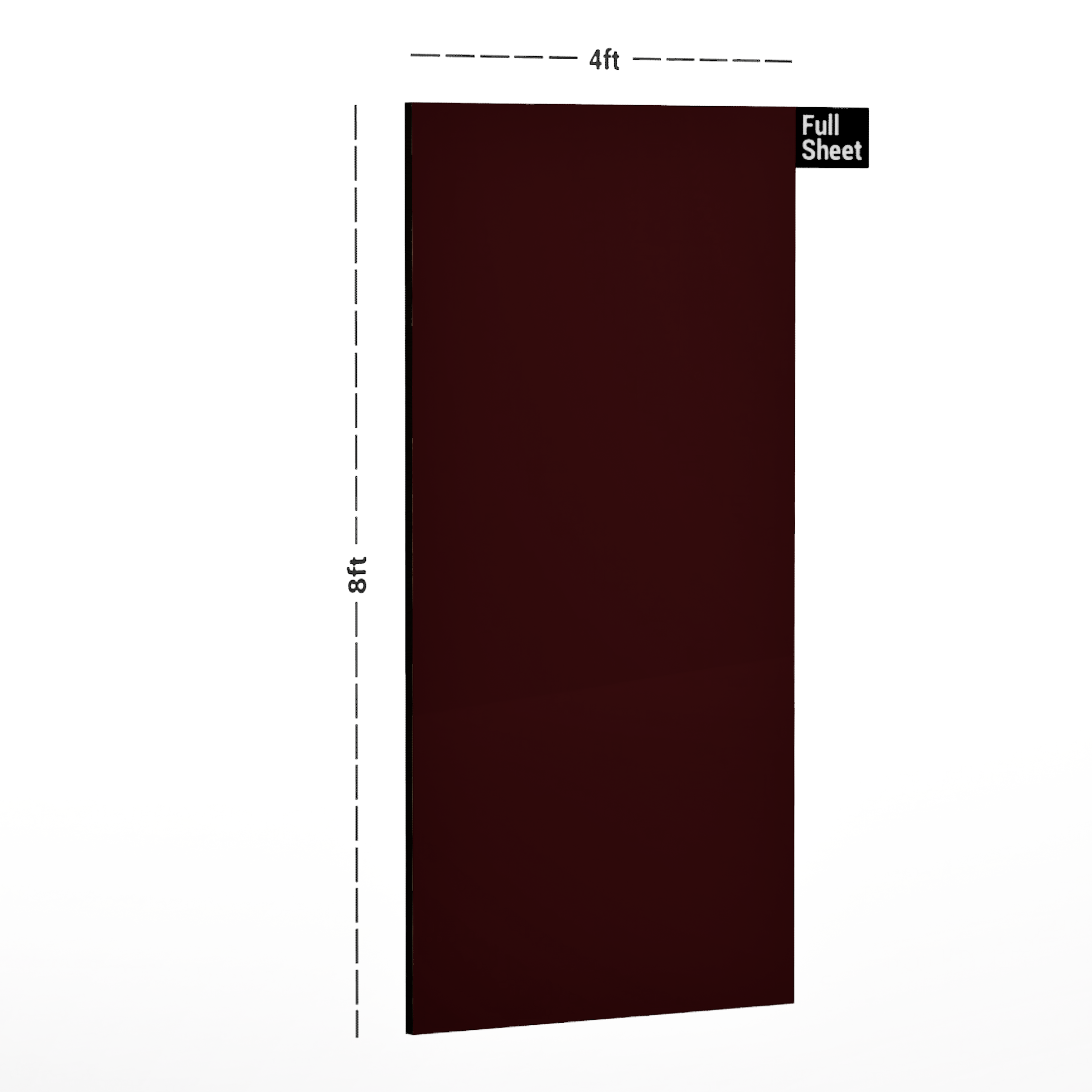 Dimension image of AR 1022 Maroon 8 ft x 4 ft Plain Color Finish Acrylic Laminate - 1.5 mm in an isometric setup | Material Depot