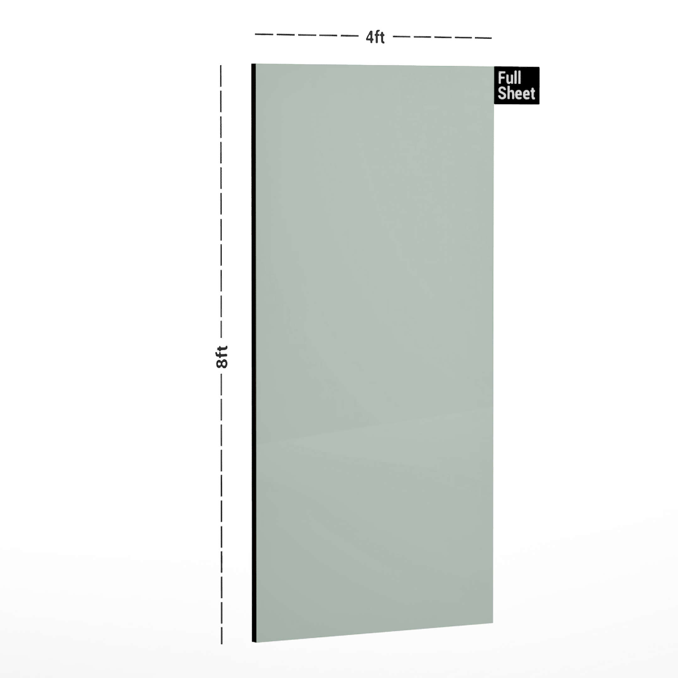 Dimension image of AR 1018 Aqua Green 8 ft x 4 ft Plain Color Finish Acrylic Laminate - 1.5 mm in an isometric setup | Material Depot