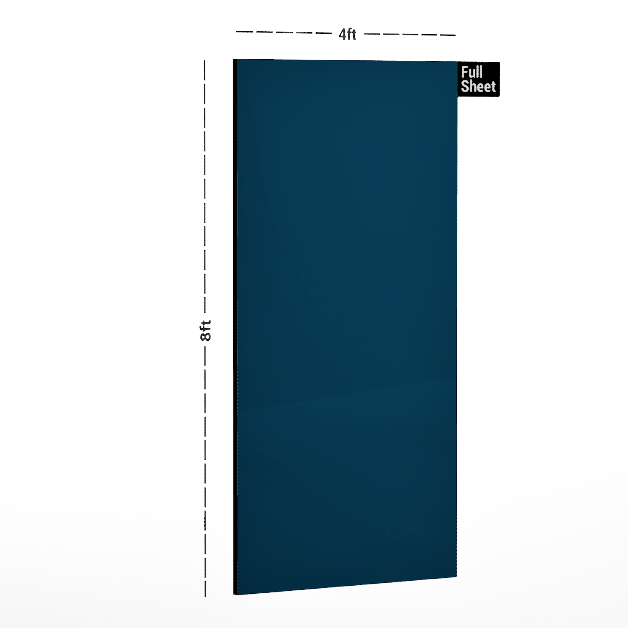 Dimension image of DG 648 Blue Foccasia 8 ft x 4 ft Diamond Gloss Unique and Solid Color Finish The One MM Laminate - 1 mm in an isometric setup | Material Depot