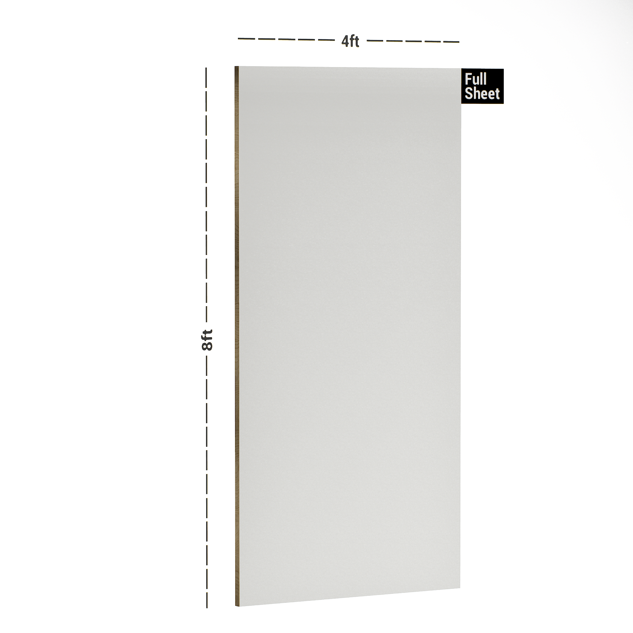 Dimension image of PC 3552 PHG Corby PVC Plain High Gloss Collection Frosty White 8 ft x 4 ft Laminate - 1.2 mm in an isometric setup | Material Depot