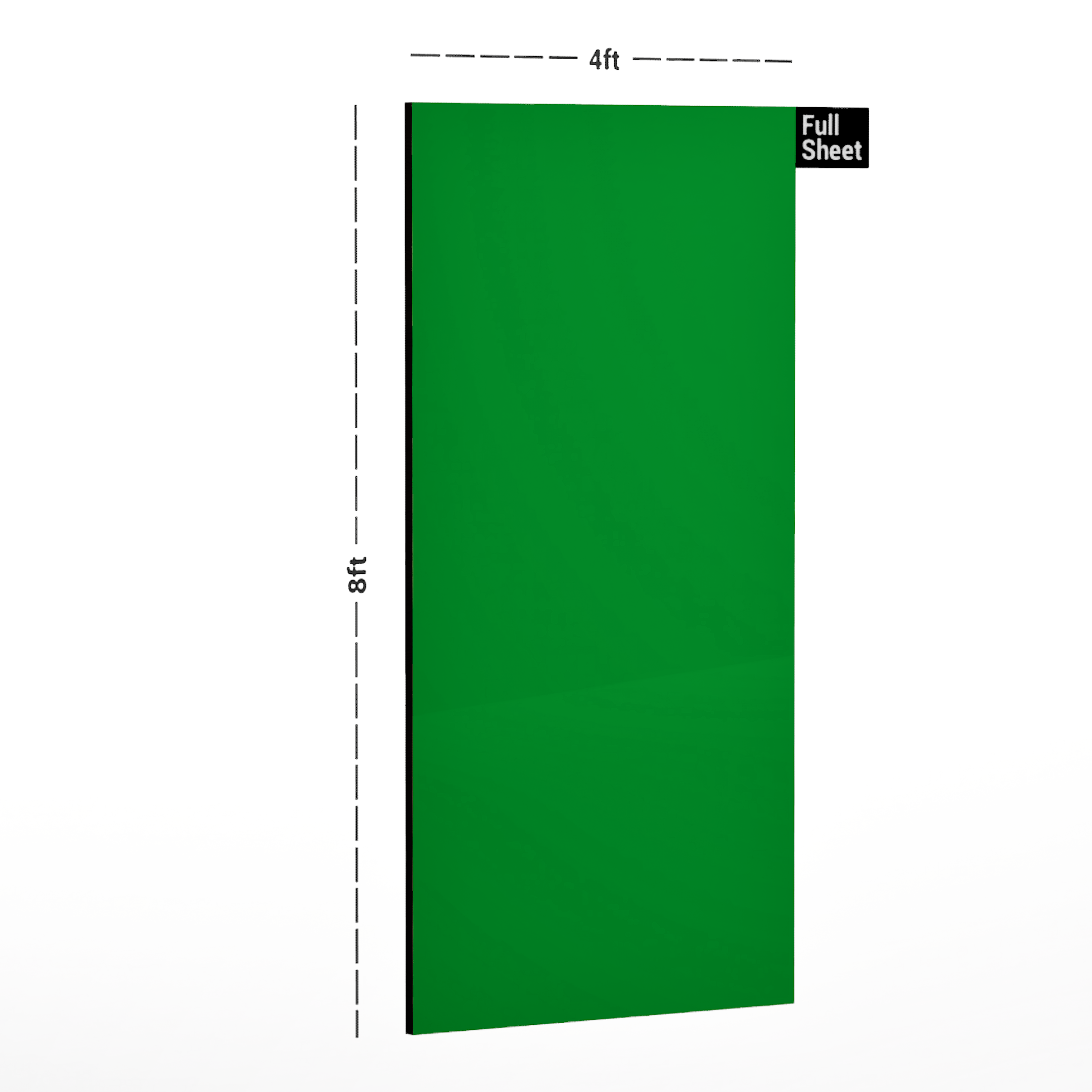 Dimension image of HGL 727 Plain Color Series Fluorescent Green 8 ft x 4 ft High Gloss Finish Laminate - 0.92 mm in an isometric setup | Material Depot