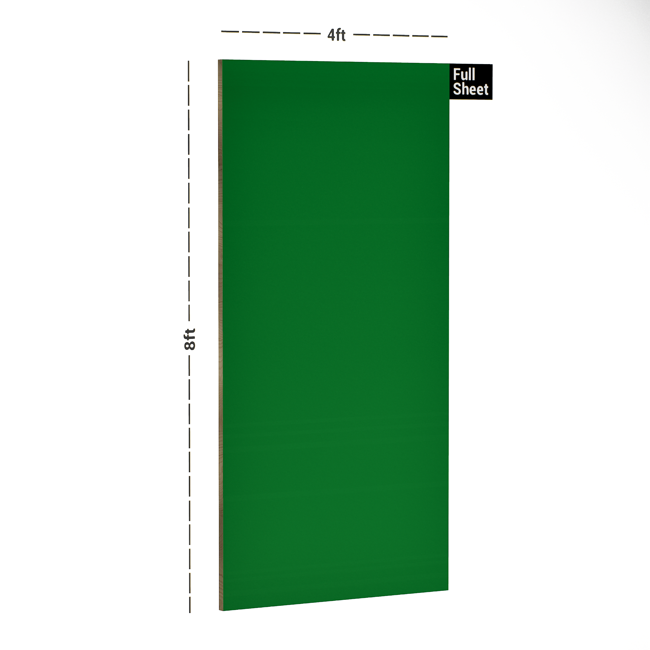 Dimension image of 2173 SF Elite Series Parrot Green 8 ft x 4 ft Suede Finish Laminate - 1 mm in an isometric setup | Material Depot