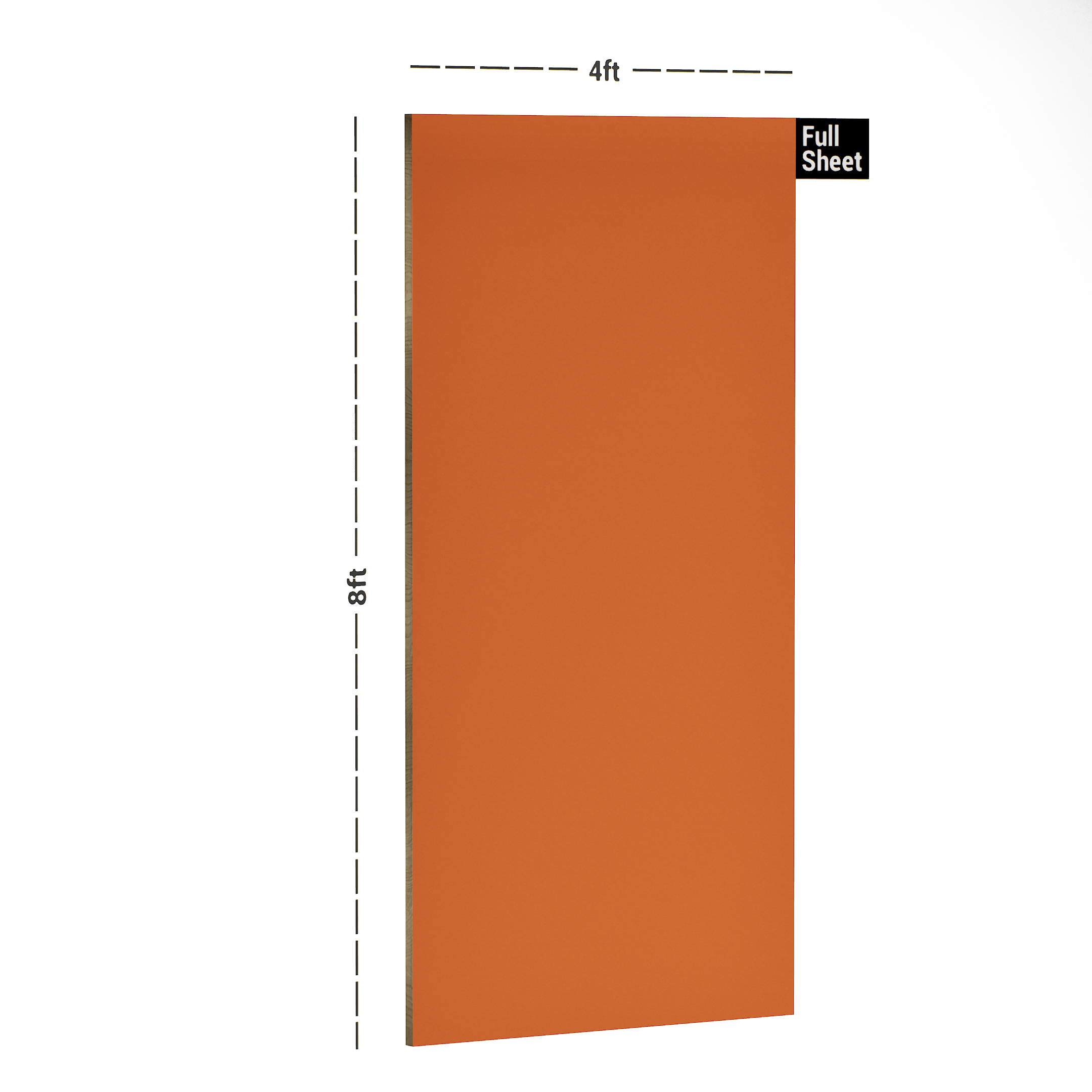 Dimension image of SF 908 Orange 8 ft x 4 ft Plain Color Suede Finish Decorative Laminate - 1 mm in an isometric setup | Material Depot