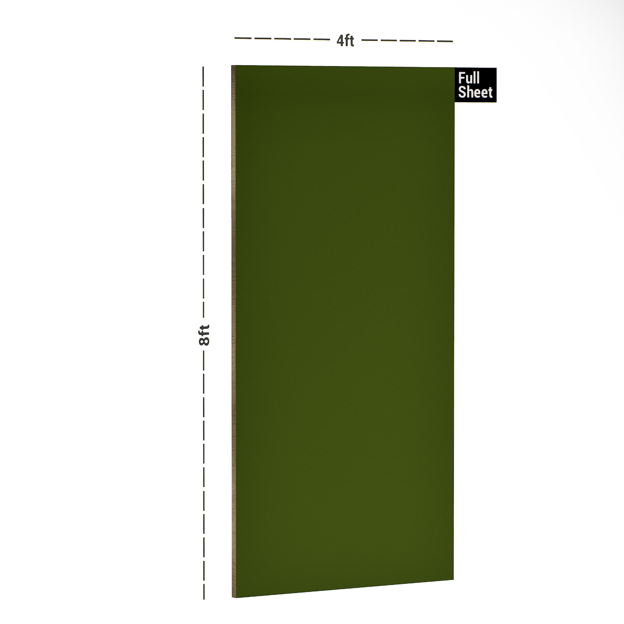 Dimension image of SA 13648 Moss Green  8 ft x 4 ft High Gloss Finish Acrylic Laminate - 1.25 mm in an isometric setup | Material Depot