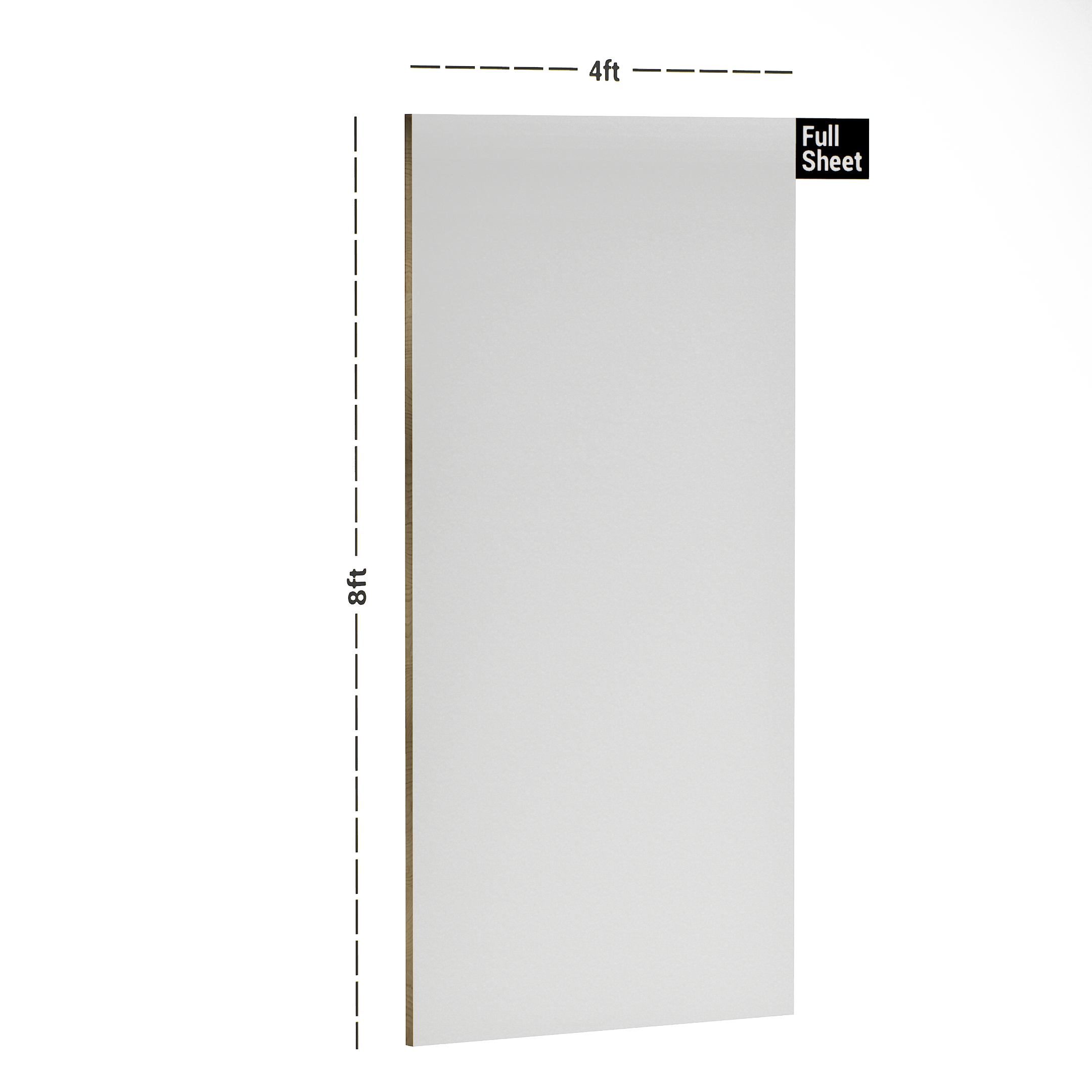 Dimension image of SA 13005 Frosty White 8 ft x 4 ft High Gloss Finish Acrylic Laminate - 1.25 mm in an isometric setup | Material Depot