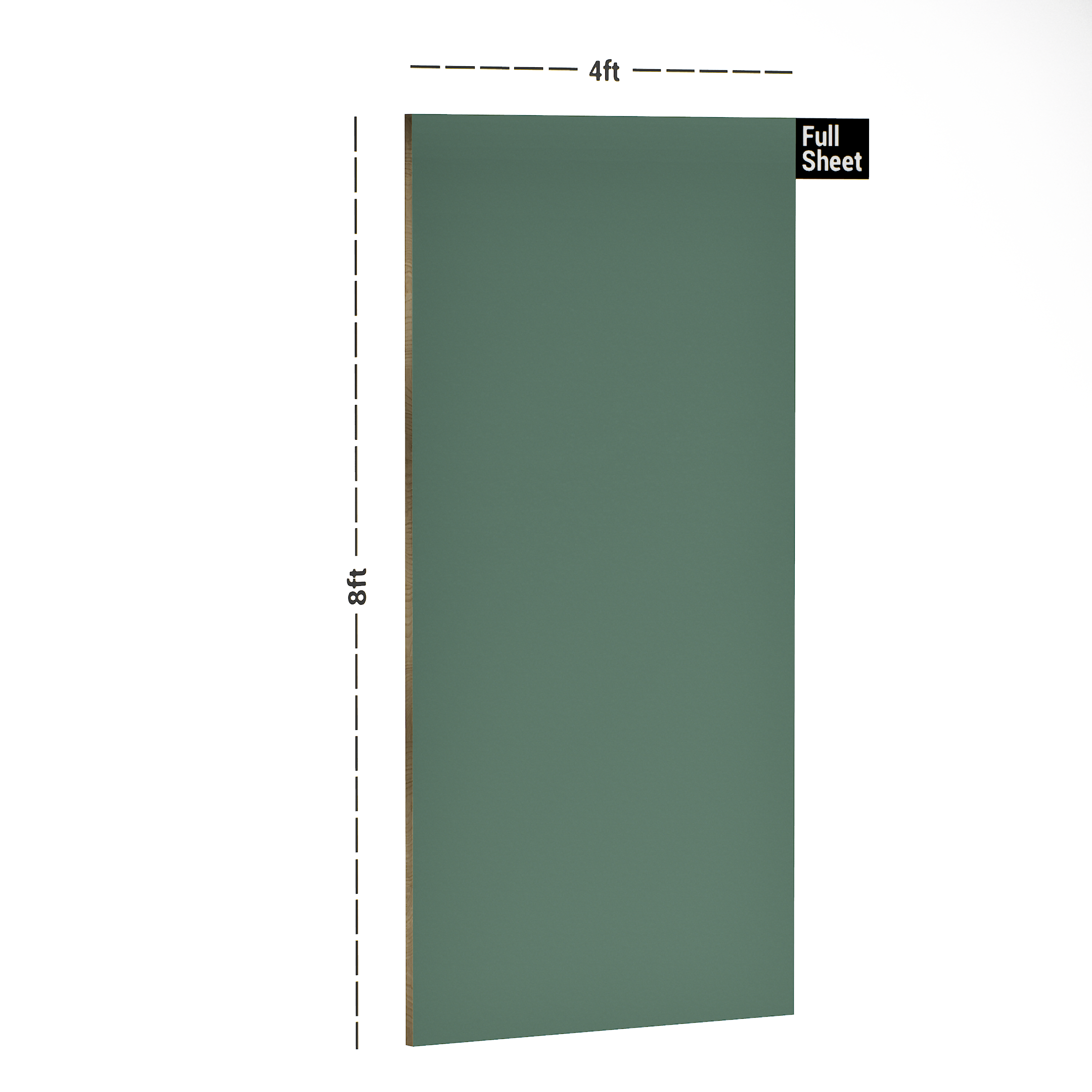 Dimension image of SA 13643 Bean Green  8 ft x 4 ft High Gloss Finish Acrylic Laminate - 1.25 mm in an isometric setup | Material Depot