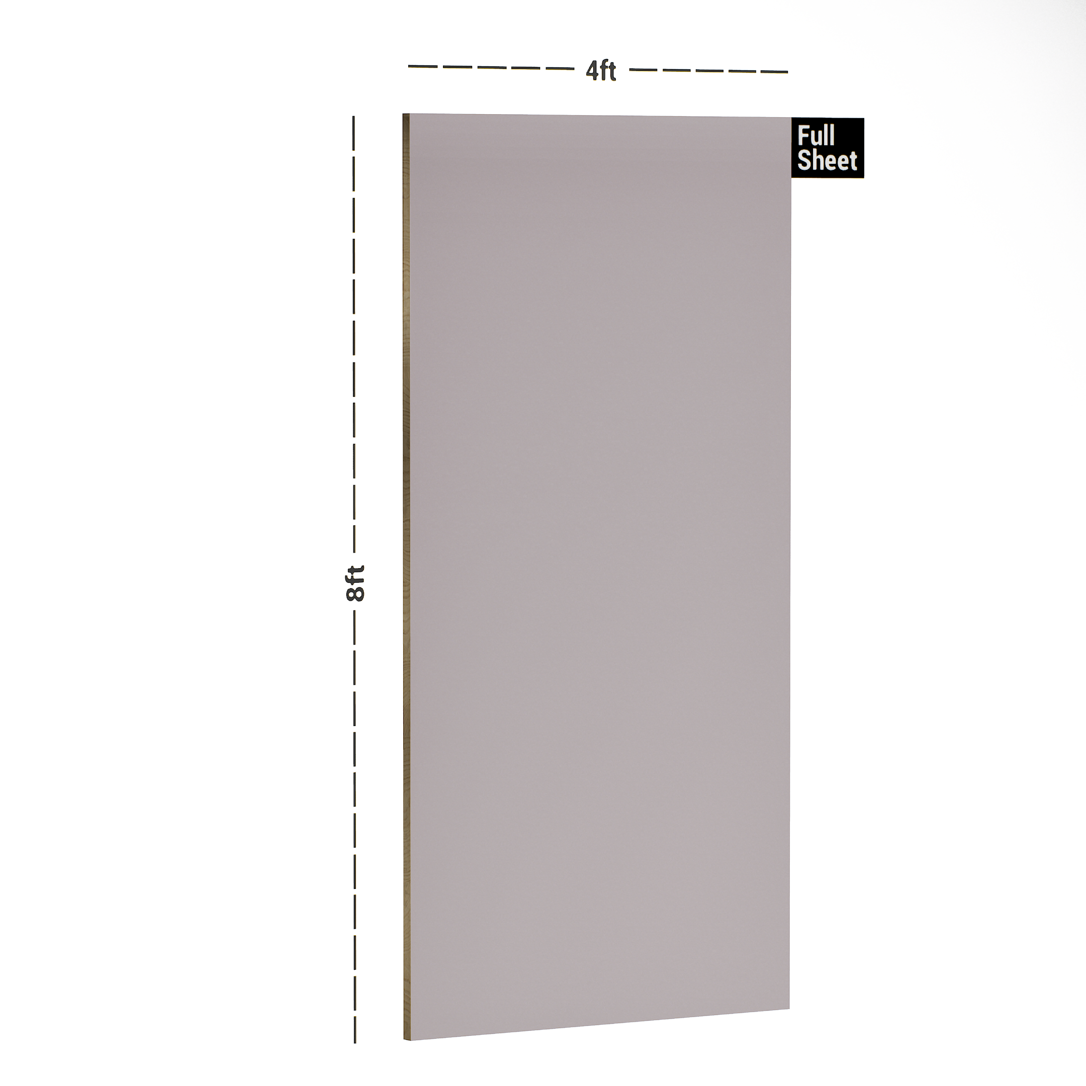 Dimension image of SA 13104 Pastel Purple 8 ft x 4 ft High Gloss Finish Acrylic Laminate - 1.25 mm in an isometric setup | Material Depot