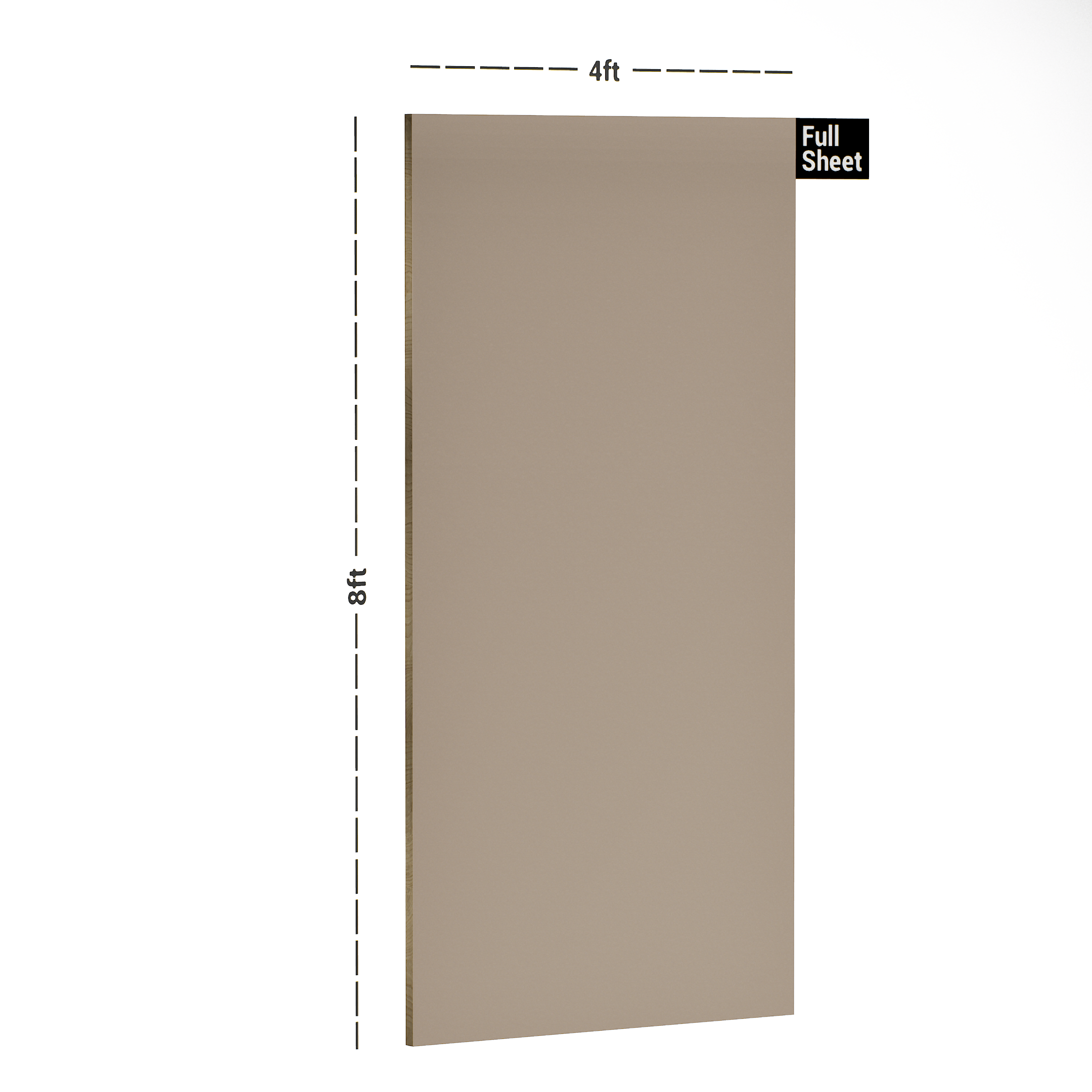 Dimension image of SA 13008 Beige 8 ft x 4 ft High Gloss Finish Acrylic Laminate - 1.25 mm in an isometric setup | Material Depot