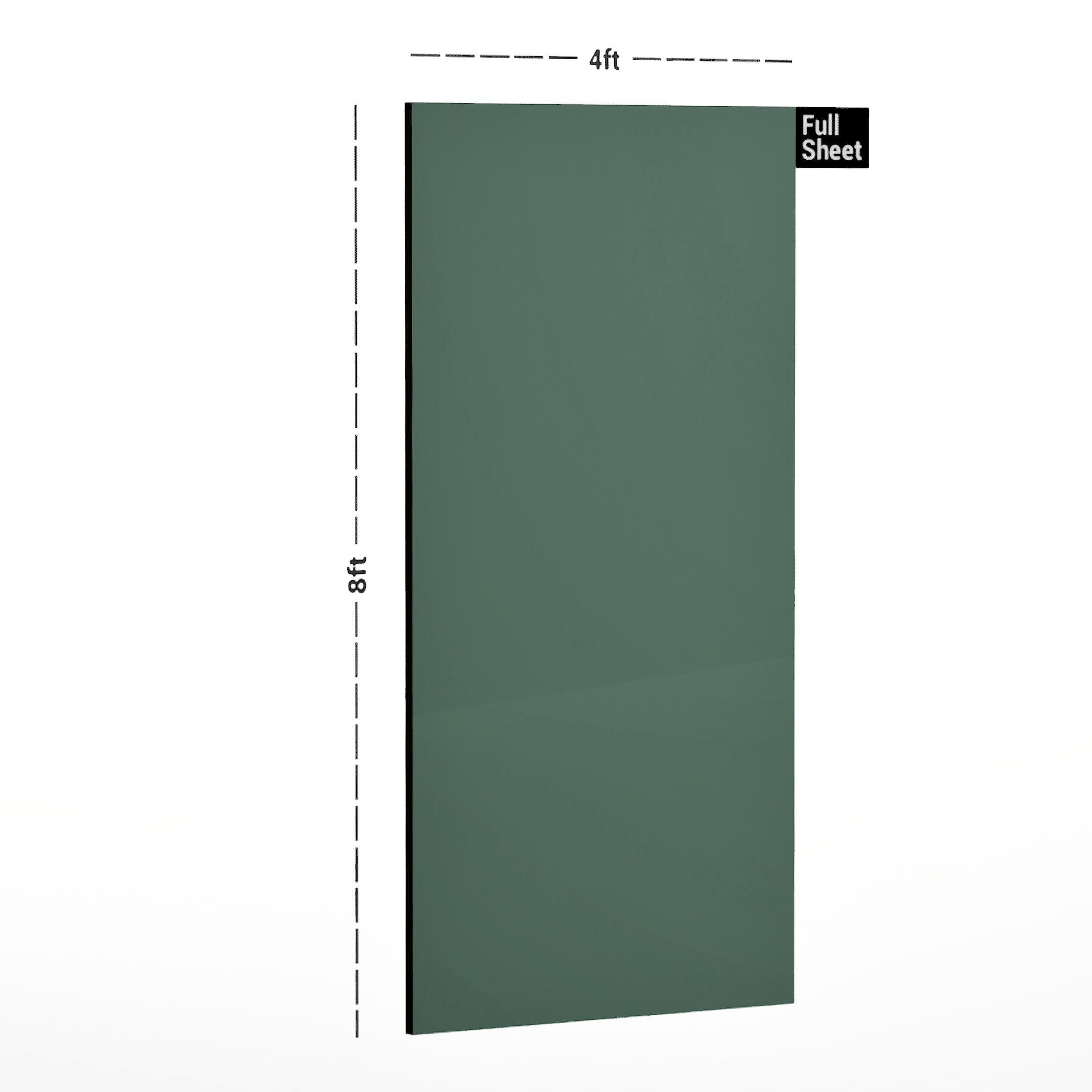 Dimension image of ARC 8643 Bean Green 8 ft x 4 ft High Gloss Finish Acrylic Laminate - 1.5 mm in an isometric setup | Material Depot