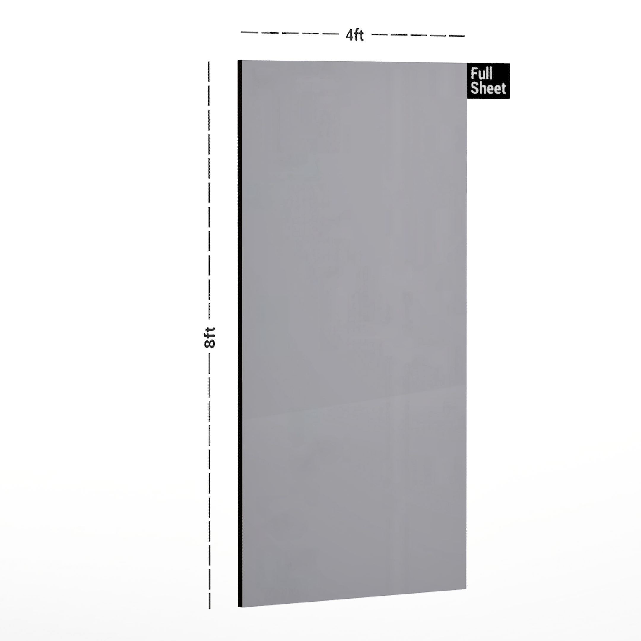 Dimension image of ARC 8616 Silver 8 ft x 4 ft High Gloss Finish Acrylic Laminate - 1.5 mm in an isometric setup | Material Depot