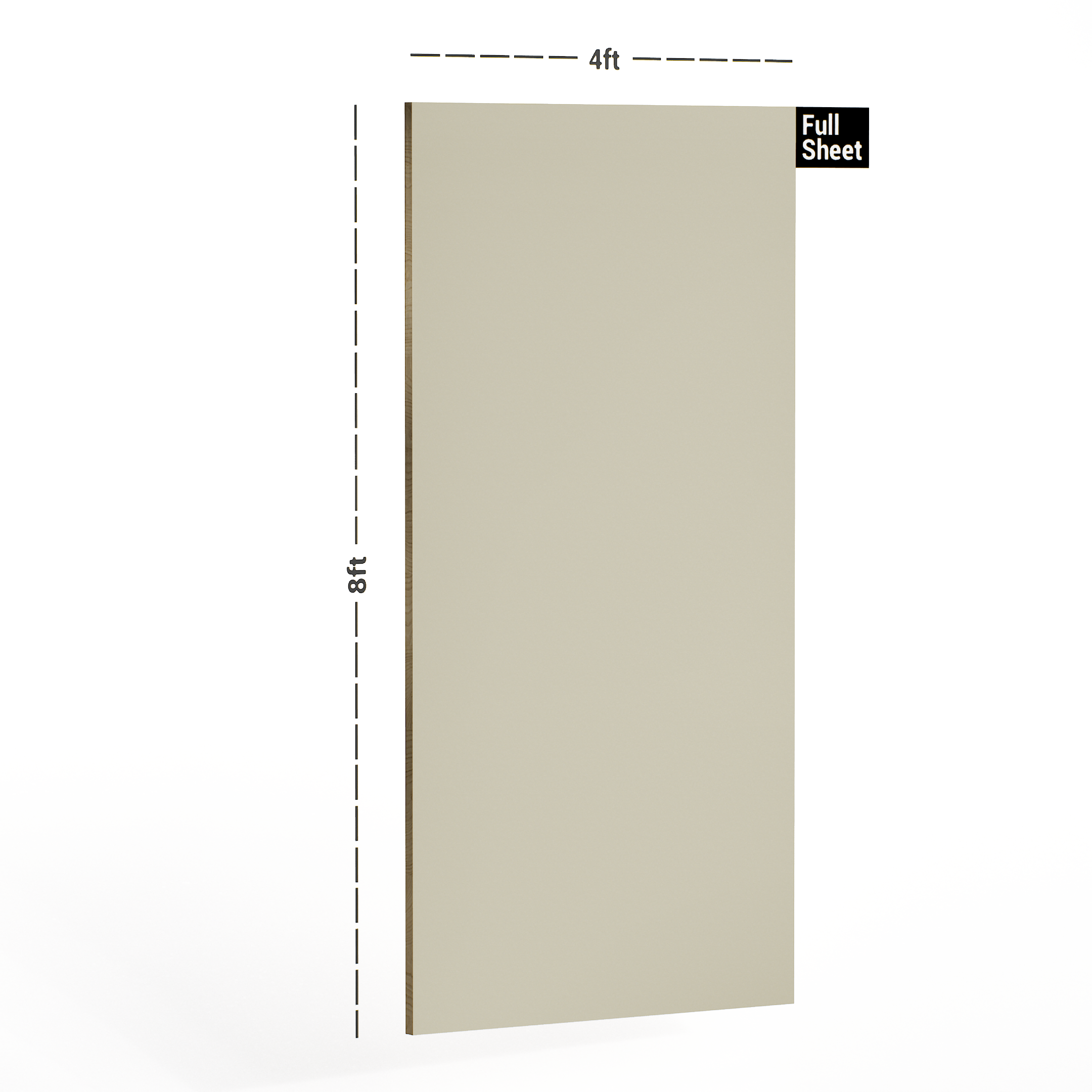 Dimension image of 508 SF Ivory 8 ft x 4 ft Plain Colours Series Suede Finish Laminate - 1 mm in an isometric setup | Material Depot