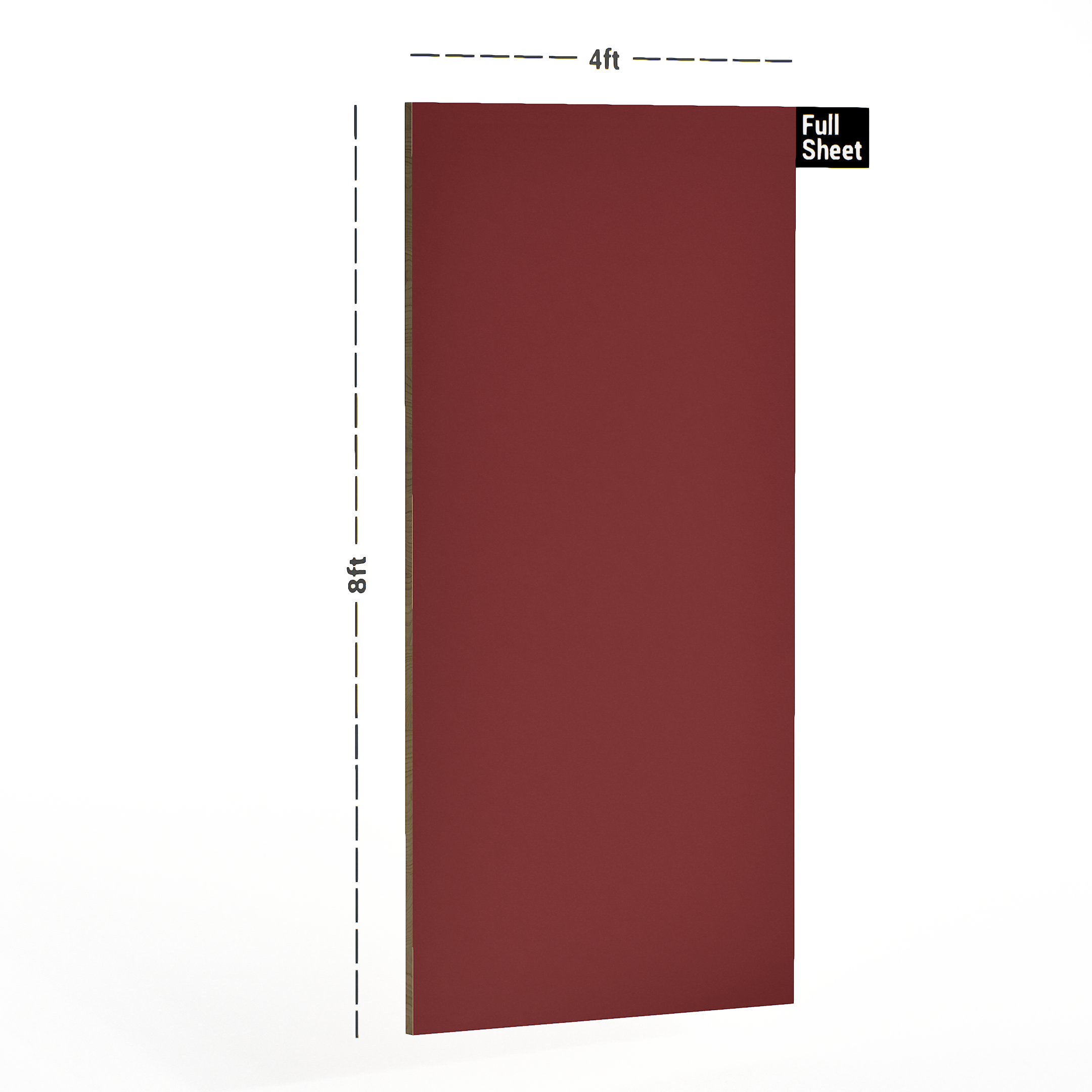 Dimension image of 1552 PU Heritage Rust Red 8 ft x 4 ft PU Finish Laminate - 1 mm in an isometric setup | Material Depot