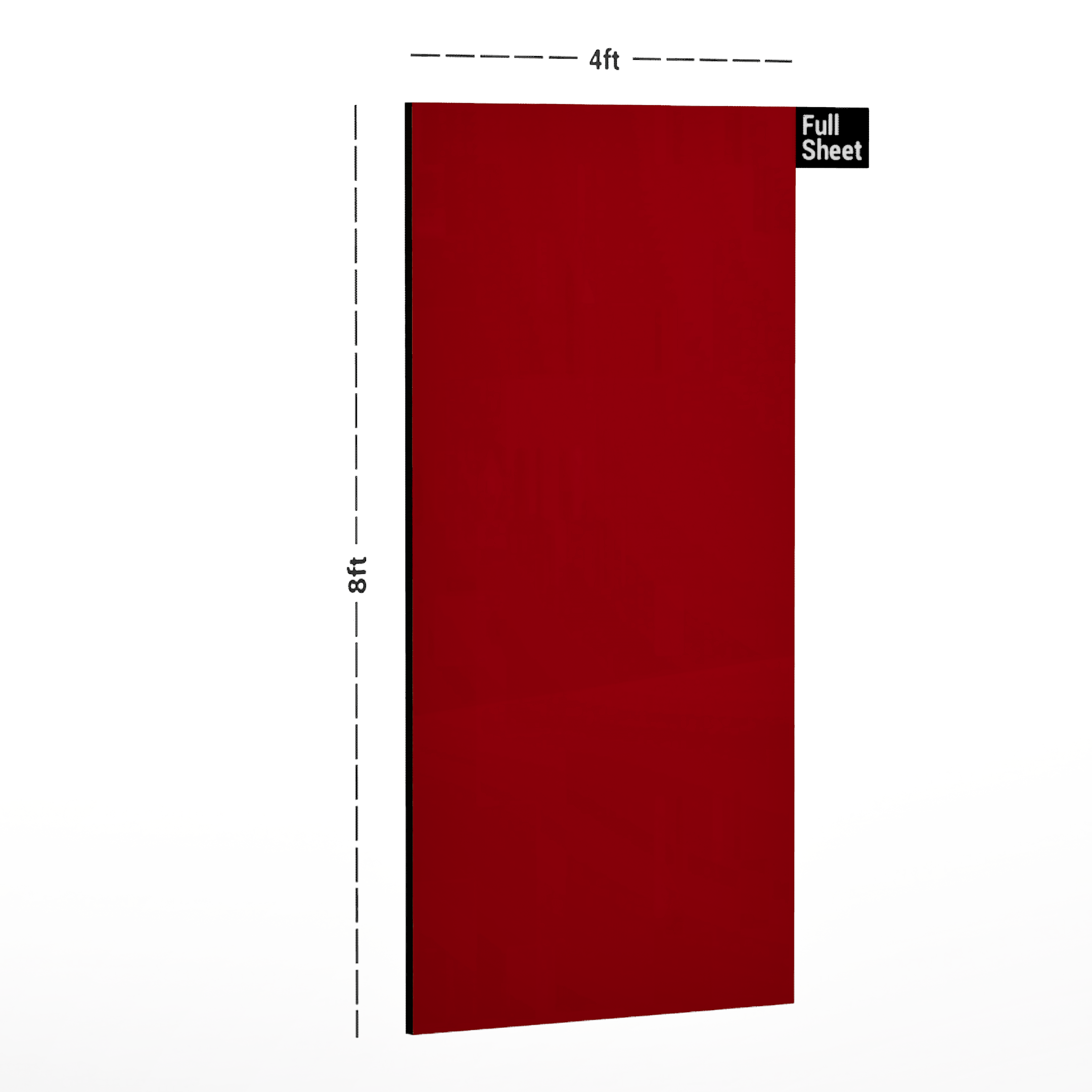 Dimension image of 8045 AHG Blood Red Acrylic High Gloss Finish 8 ft x 4 ft Laminate - 0.8 mm in an isometric setup | Material Depot