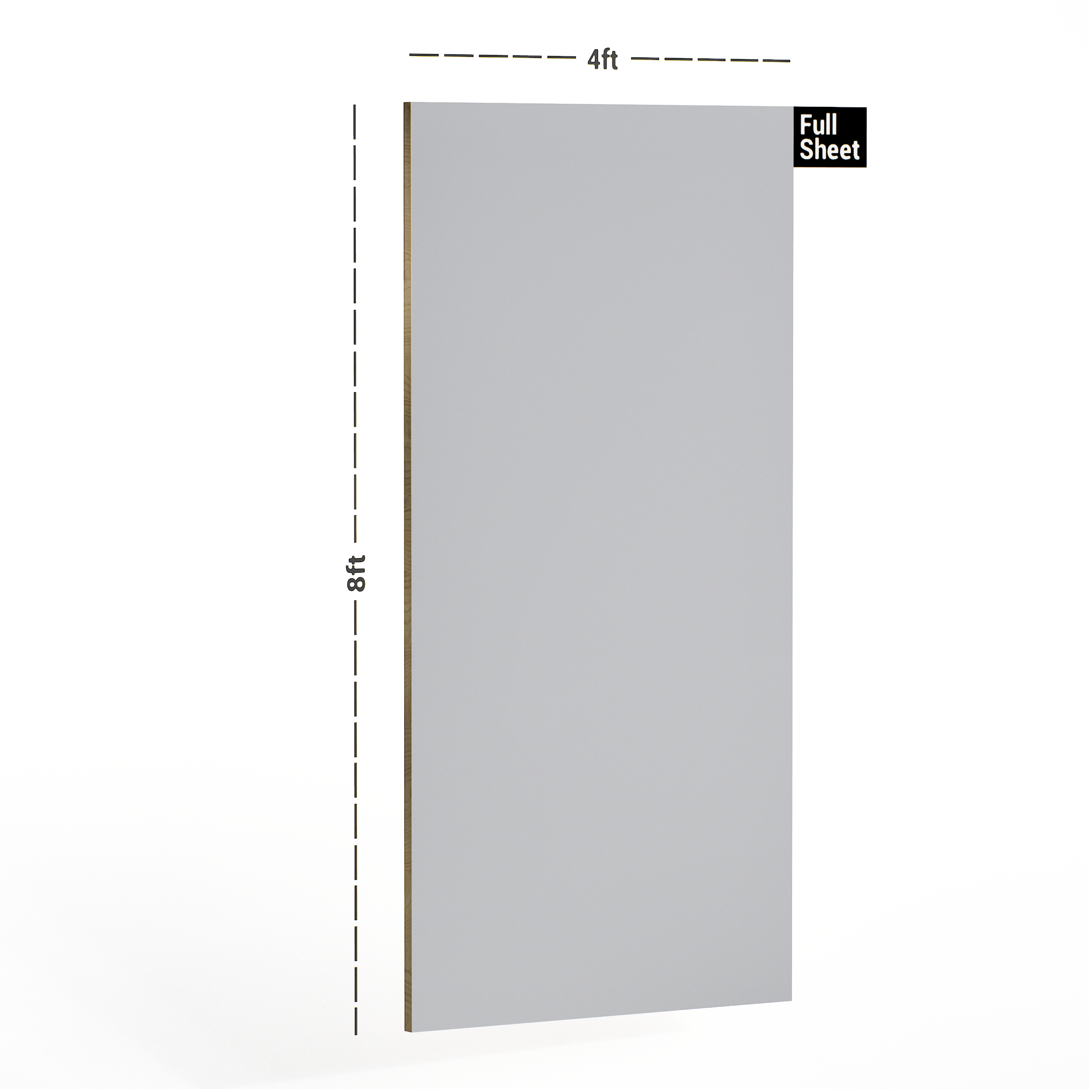 Dimension image of 1101 MF Grey Solid Pastels Finish 8 ft x 4 ft Laminate - 1 mm in an isometric setup | Material Depot