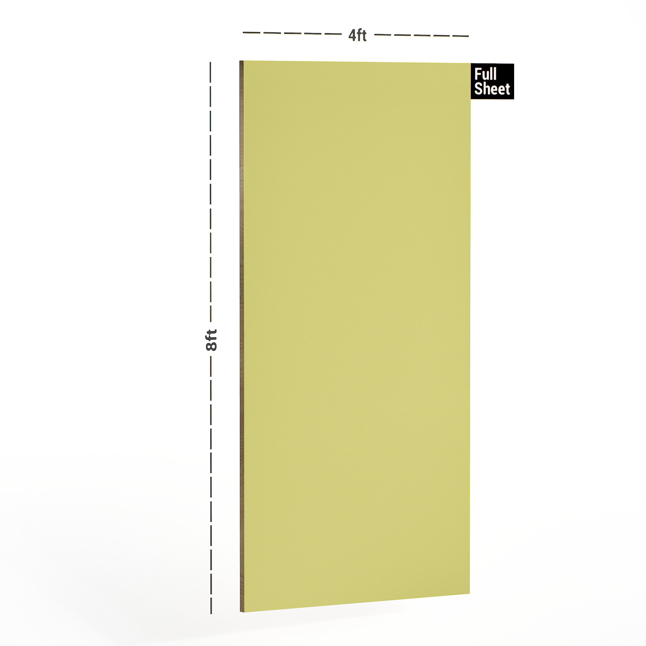 Dimension image of 1316 SF Light Yellow Solid Pastels Finish 8 ft x 4 ft Laminate - 1 mm in an isometric setup | Material Depot