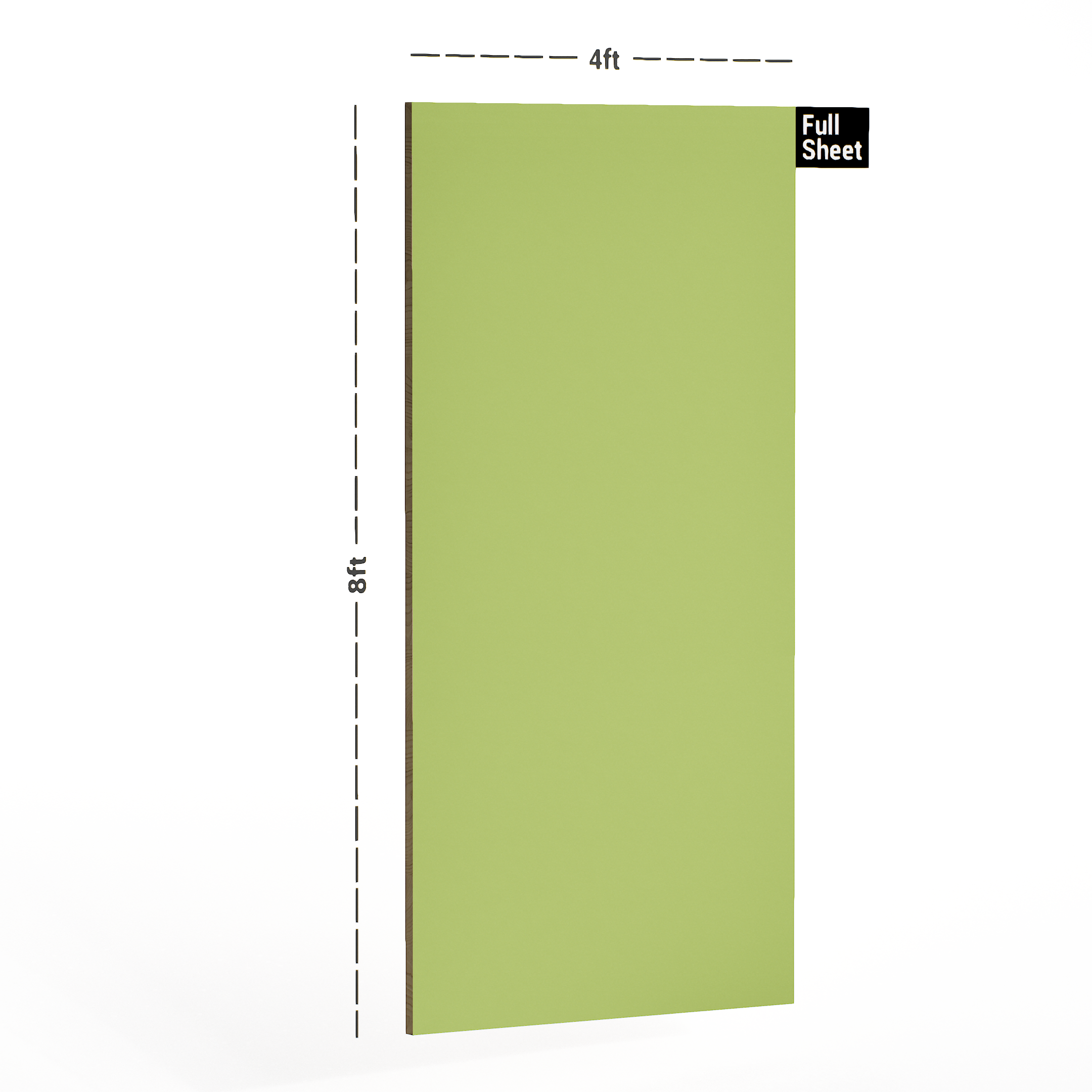 Dimension image of 1318 SF Light Green Solid Pastels Finish 8 ft x 4 ft Laminate - 1 mm in an isometric setup | Material Depot