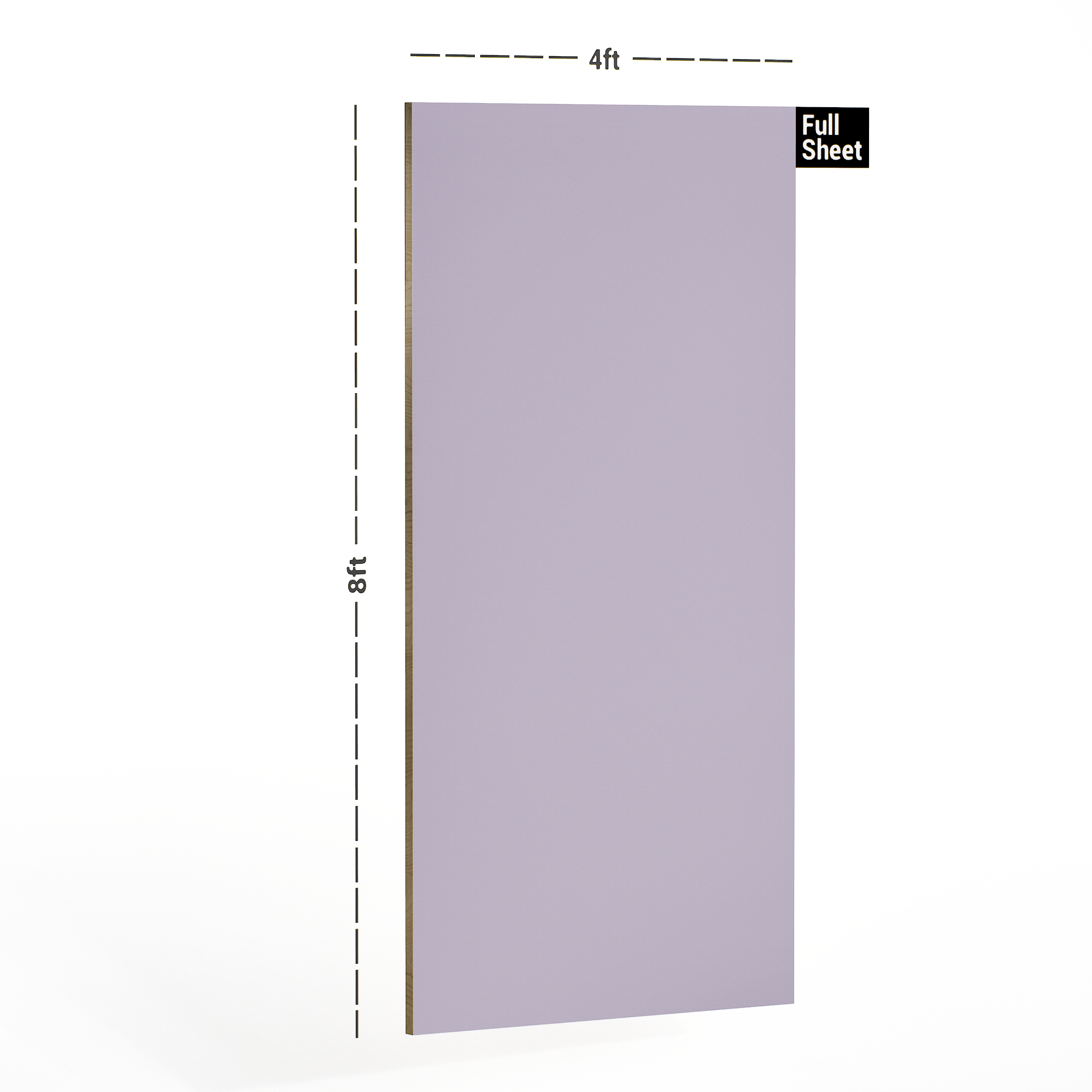 Dimension image of 1319 SF Light Purple Solid Pastels Finish 8 ft x 4 ft Laminate - 1 mm in an isometric setup | Material Depot