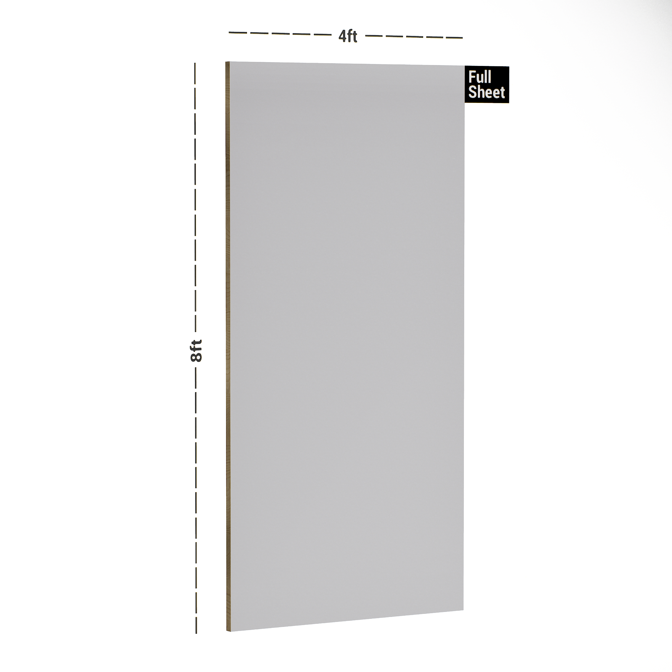 Dimension image of 1709 SF Frosty White Solid Pastels Finish 8 ft x 4 ft Laminate - 1 mm in an isometric setup | Material Depot