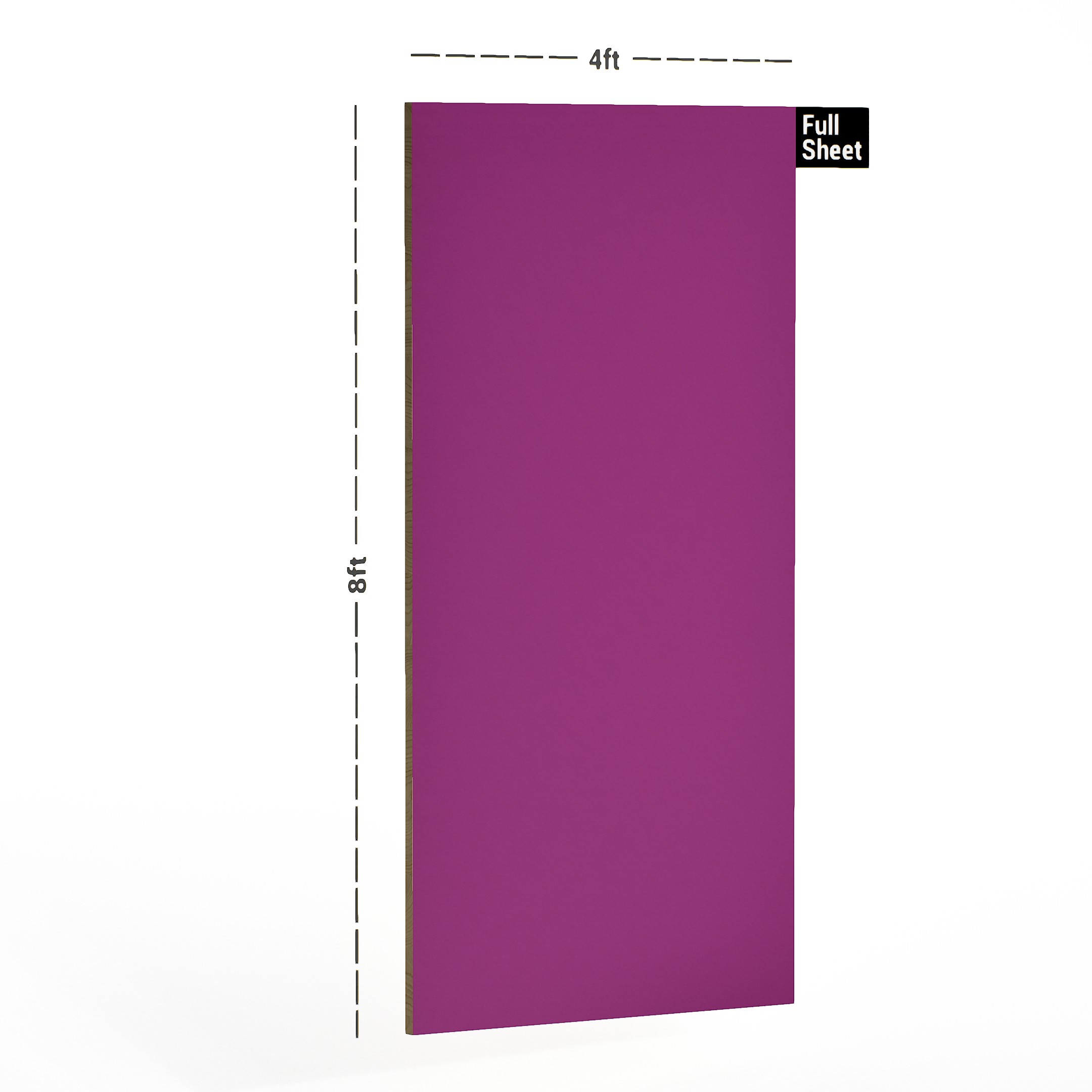 Dimension image of 1506 SF Dark Pink Solid Pastels Finish 8 ft x 4 ft Laminate - 1 mm in an isometric setup | Material Depot