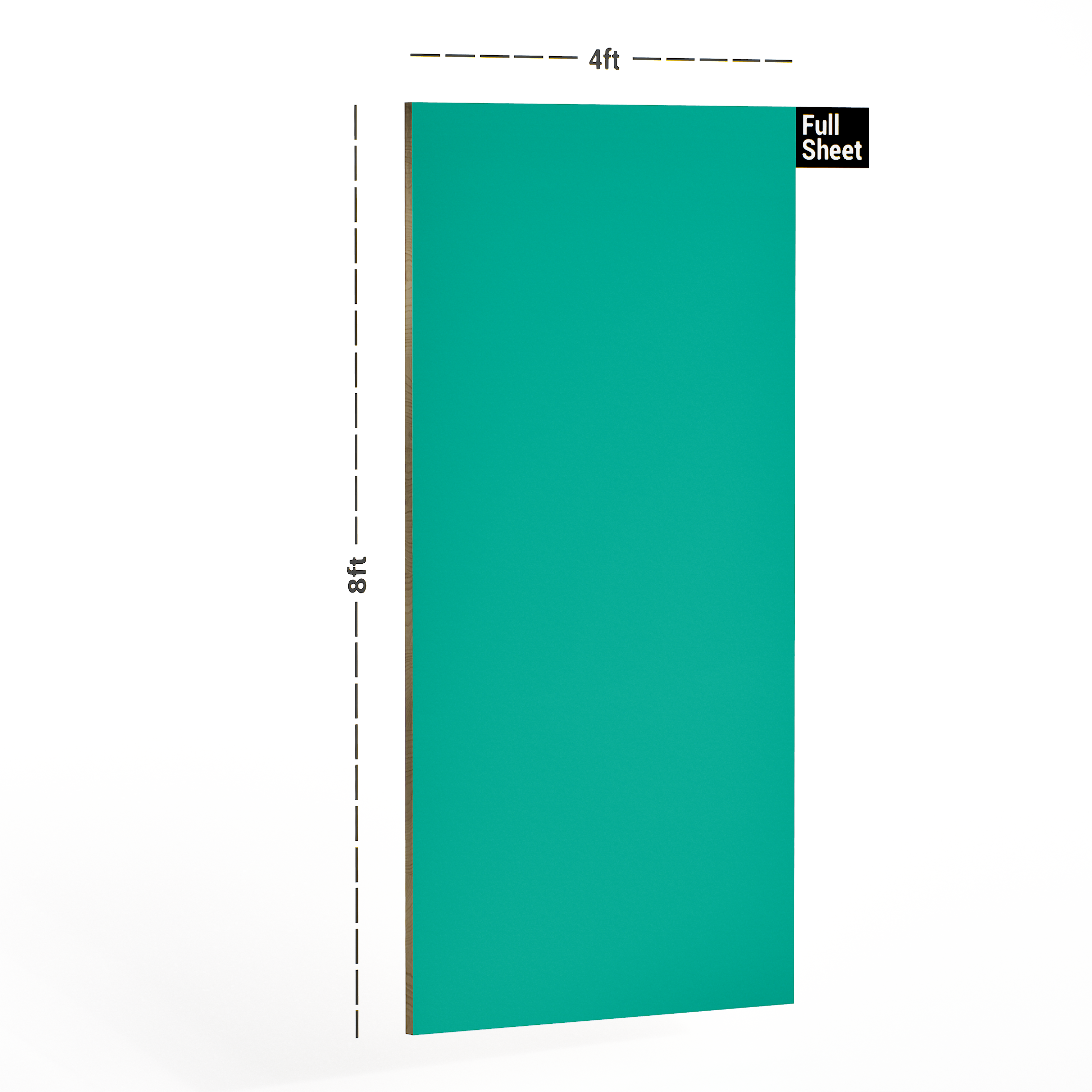 Dimension image of 1314 SF Sea Green Solid Pastels Finish 8 ft x 4 ft Laminate - 1 mm in an isometric setup | Material Depot