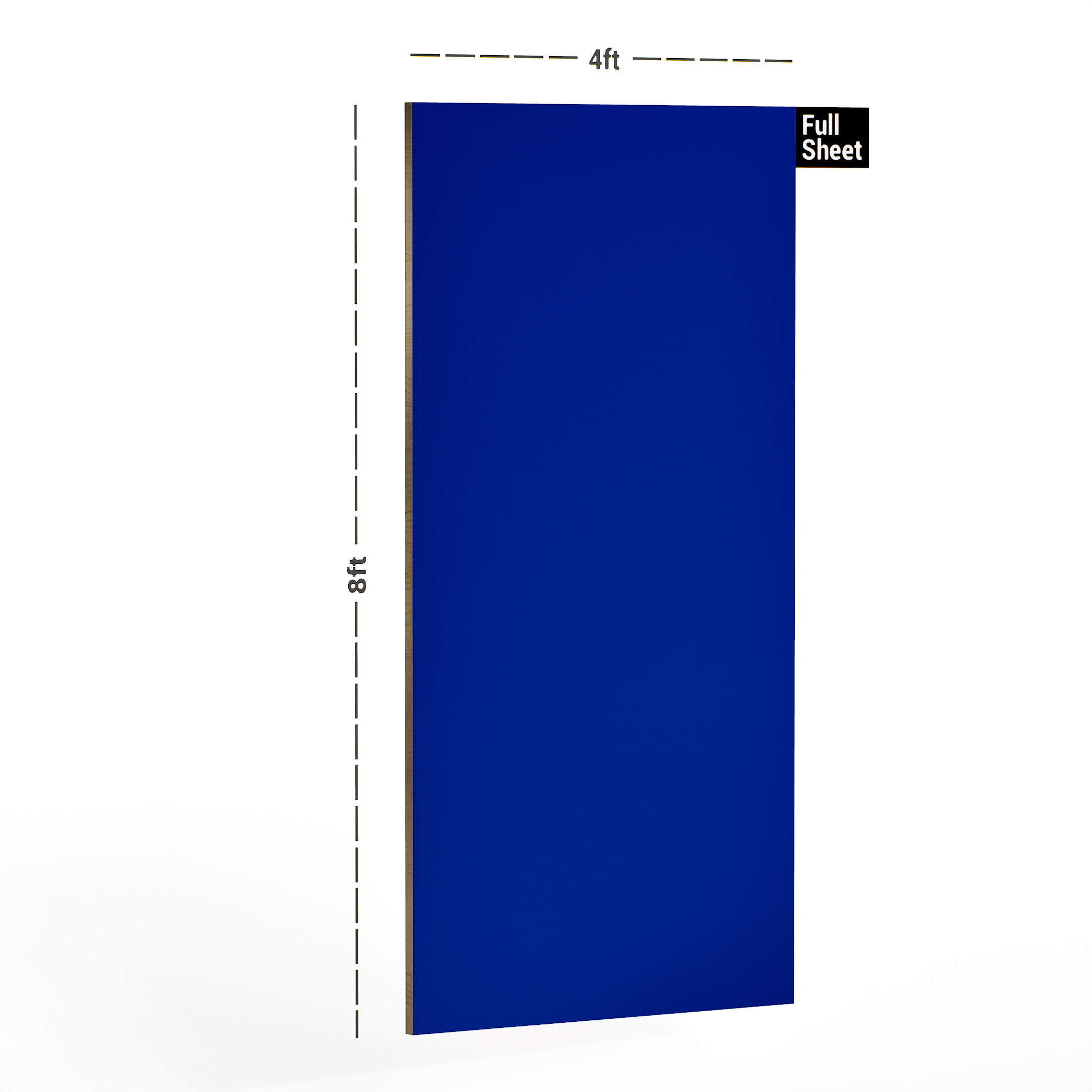 Dimension image of 1038 SF Royal Blue Solid Pastels Finish 8 ft x 4 ft Laminate - 1 mm in an isometric setup | Material Depot