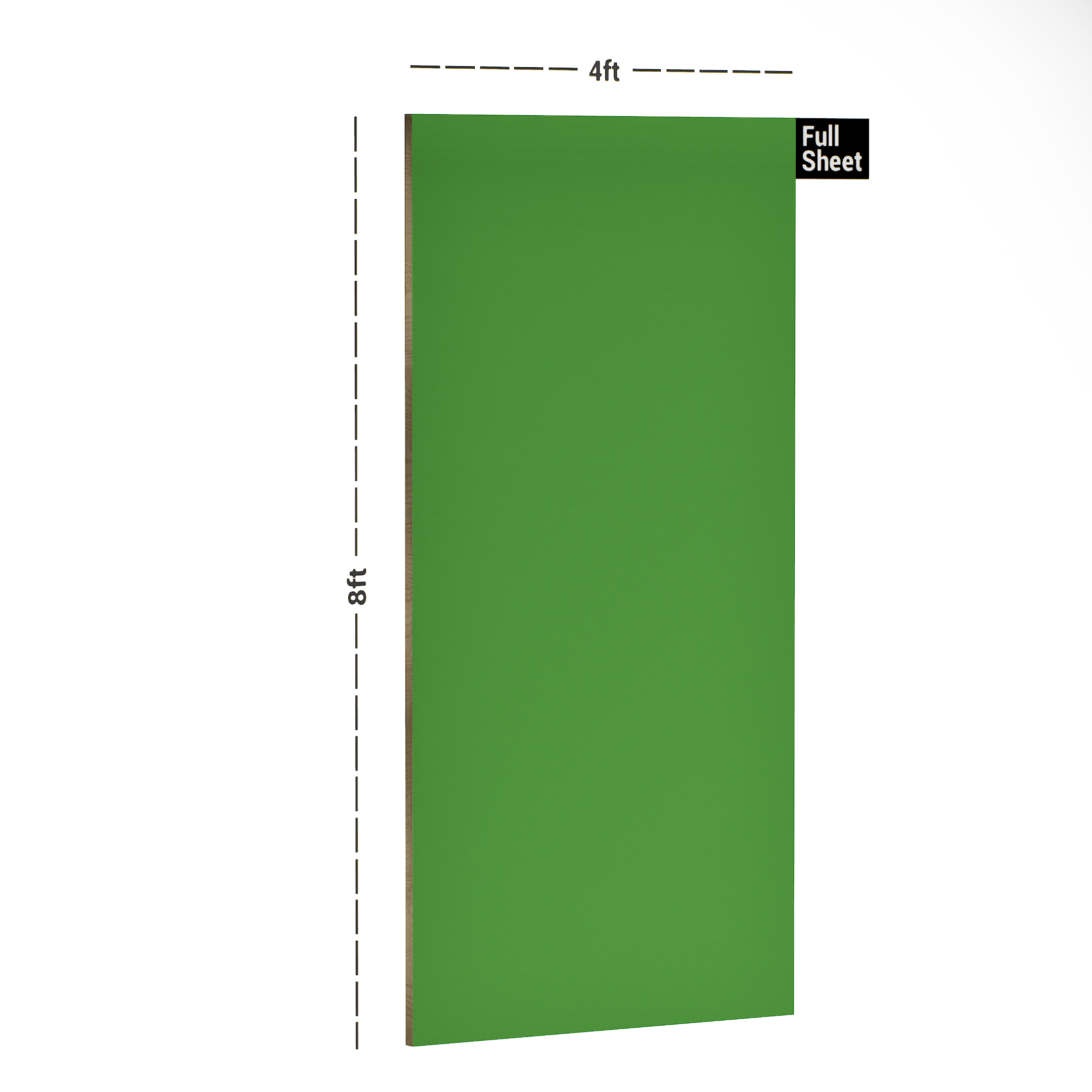 Dimension image of SG 8127 Apple Green 8 ft x 4 ft Super Gloss Solid Finish Vesta Laminate - 0.8 mm in an isometric setup | Material Depot