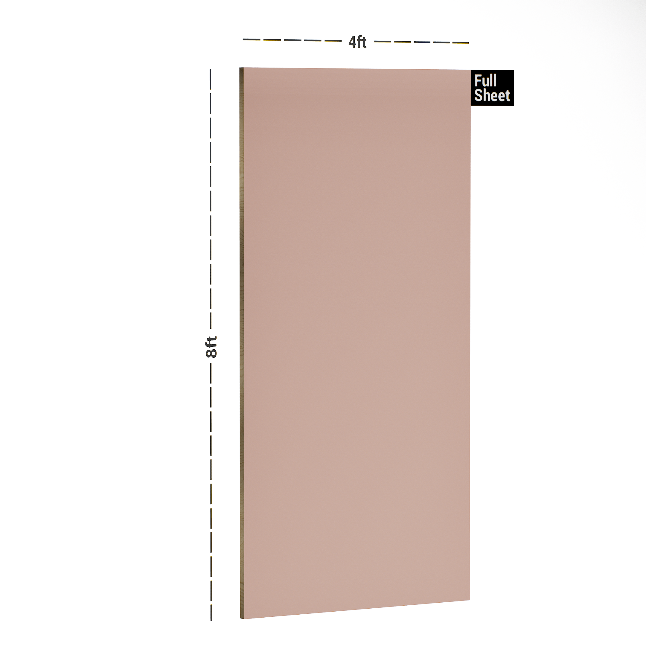 Dimension image of Watwin 1012 Prime Peach 8 ft x 4 ft Colorave Series PVC Laminate - 1.25 mm in an isometric setup | Material Depot