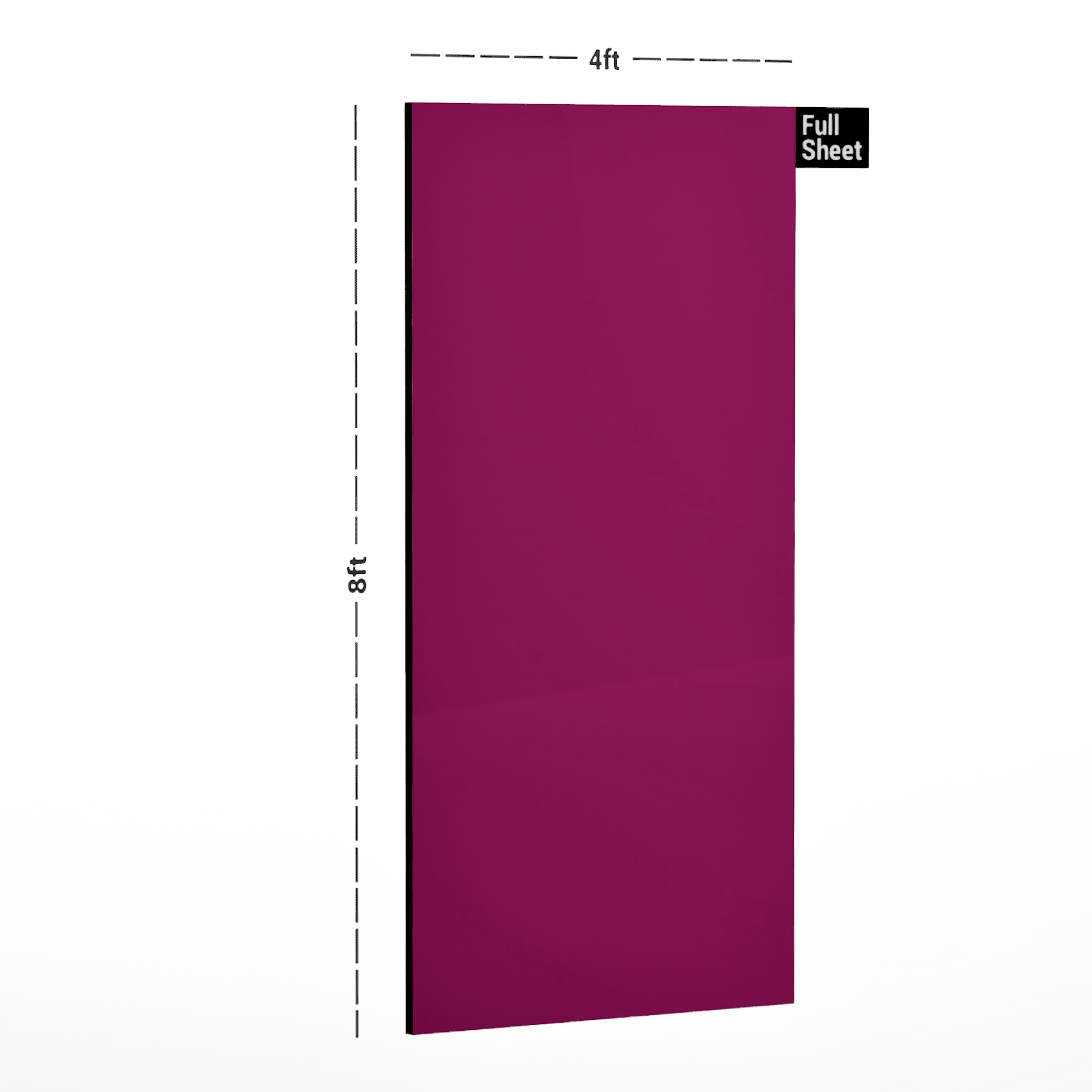 Dimension image of 9024 Dark Rasberry 8 ft x 4 ft Solid Suede Finish Laminate - 0.82 mm in an isometric setup | Material Depot