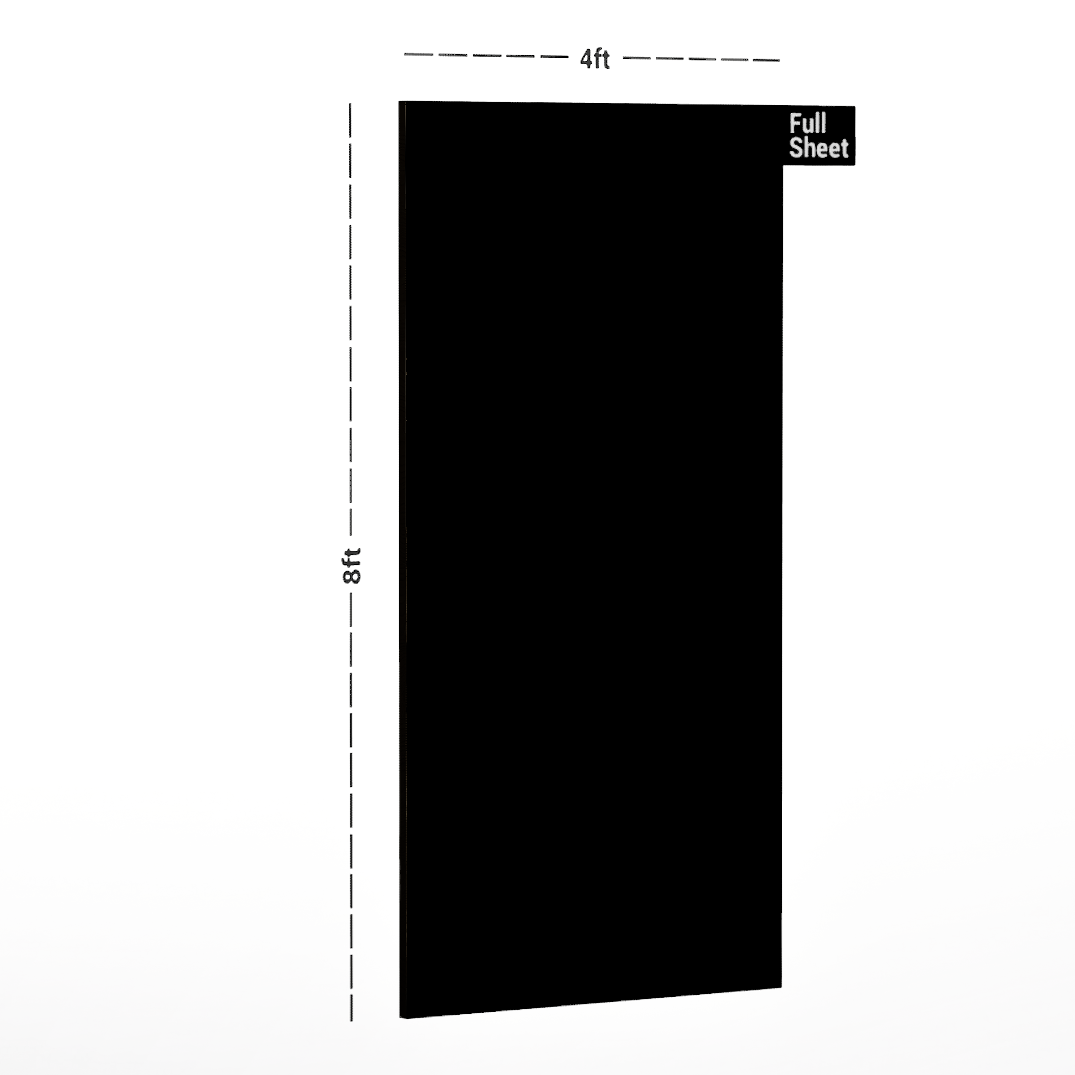 Dimension image of 7218 HGL Black 8 ft x 4 ft Solid Colour Finish Liner Laminate - 0.72 mm in an isometric setup | Material Depot