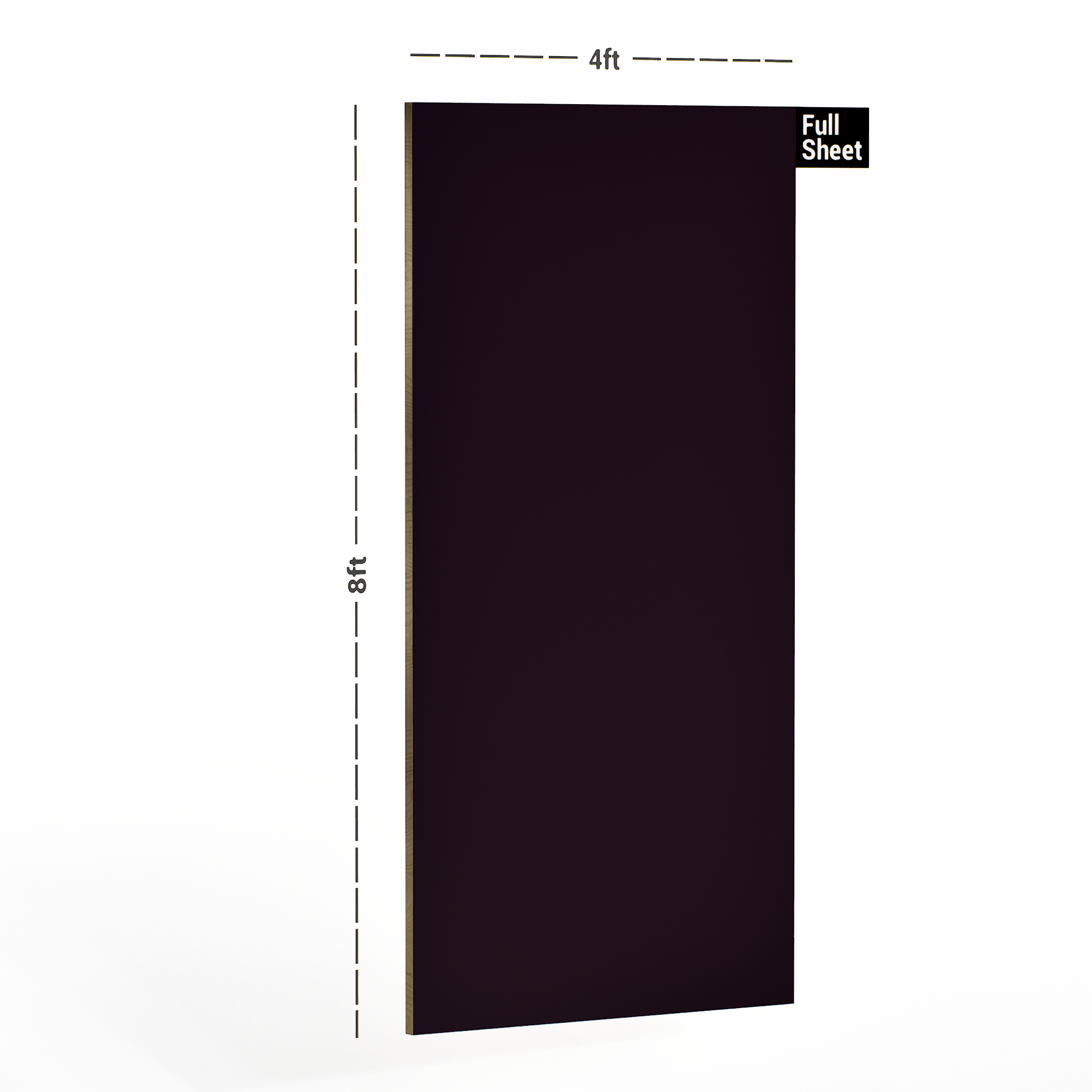 Dimension image of 3813 UC-SF Black Currant 8 ft x 4 ft Unicor Finish Laminate - 1 mm in an isometric setup | Material Depot