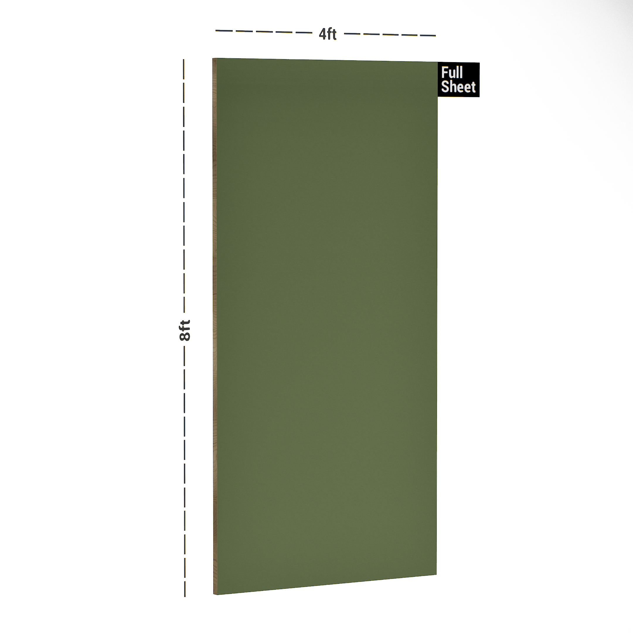 Dimension image of 3502 SLG Hunter Green 8 ft x 4 ft Solids Lux Gloss Finish Laminate - 1 mm in an isometric setup | Material Depot