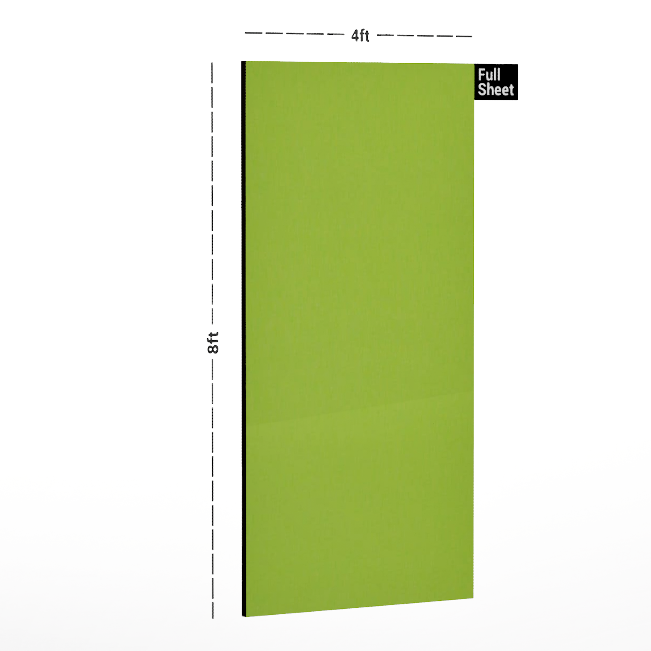 Dimension image of G 585/1585 UGM Lime 8 ft x 4 ft Ultra Gloss Maximum Solid Finish Laminate - 1 mm | Matching Rehau Edgeband Code - (75742) in an isometric setup | Material Depot