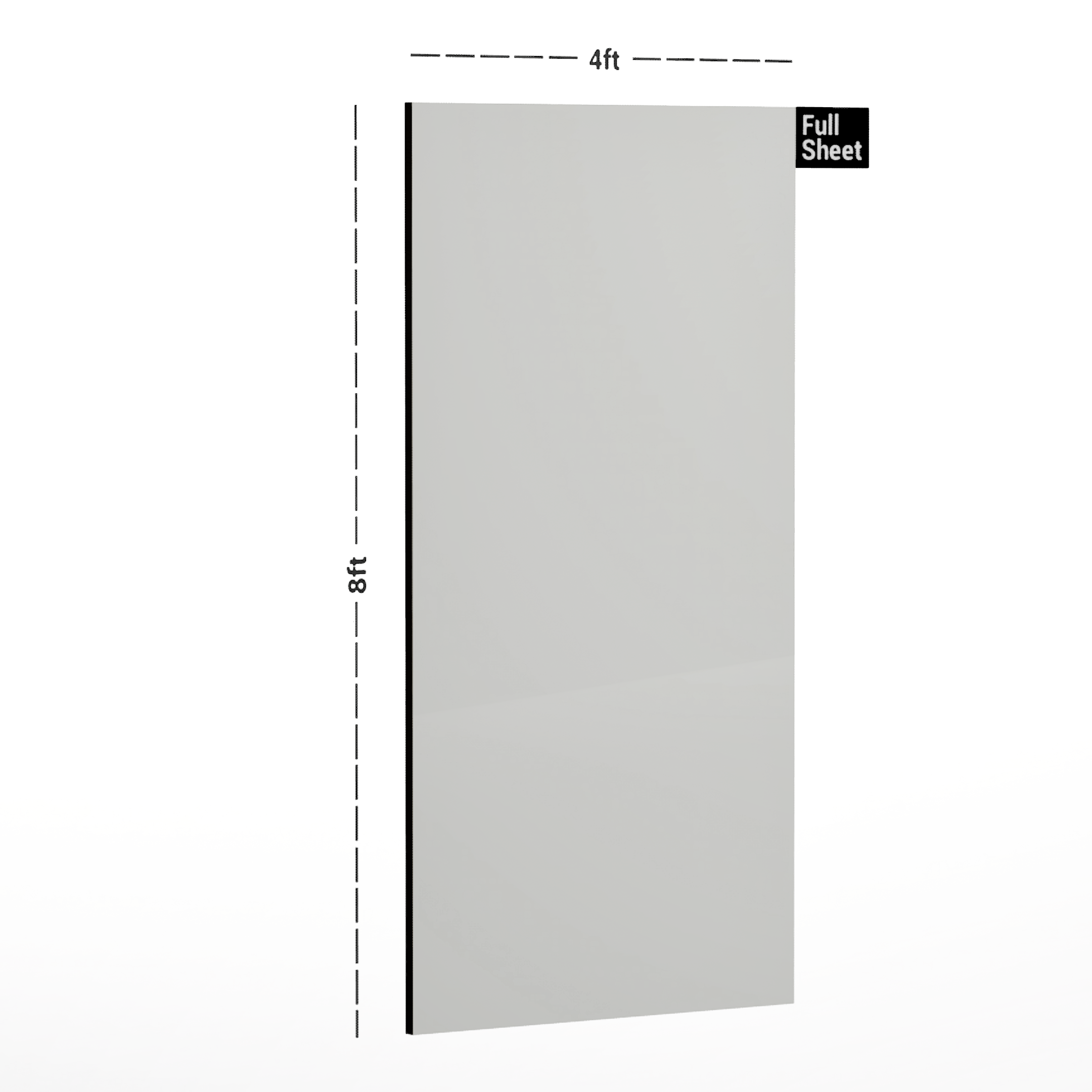 Dimension image of G 499/1499 Frosty White 8 ft x 4 ft Solid Core Ultra Gloss Max Finish Laminate - 1 mm | Matching Rehau Edgeband Code - (110137) in an isometric setup | Material Depot