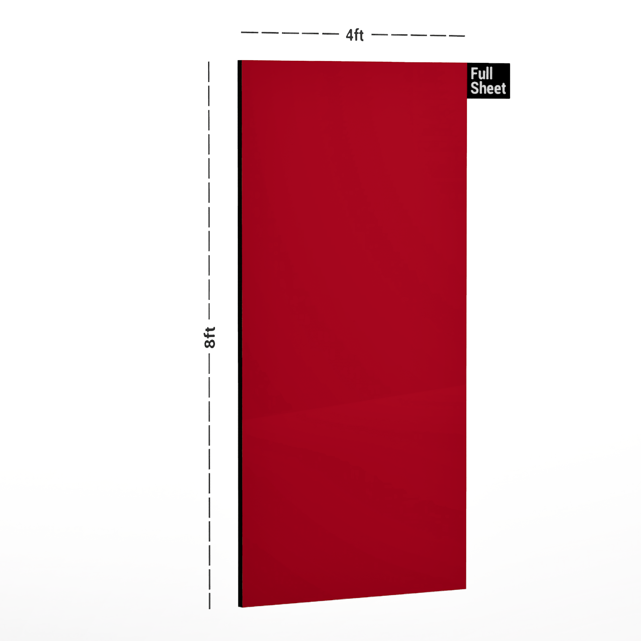 Dimension image of CG 9117 Peach Red 8 ft x 4 ft Crystal Gloss Finish Laminate - 1 mm in an isometric setup | Material Depot