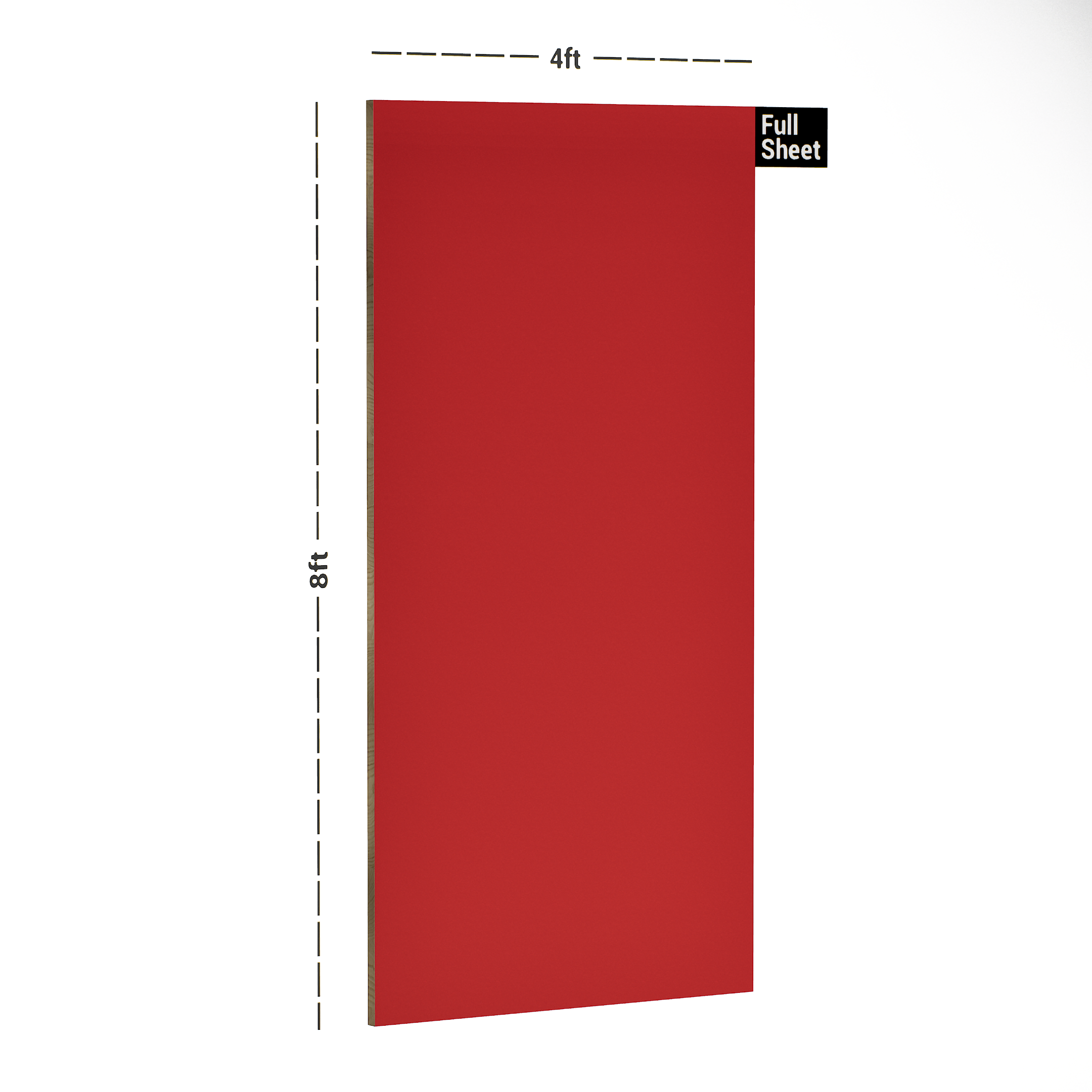 Dimension image of 265 SF Tomato Red 8 ft x 4 ft Suede Finish Laminate - 1 mm in an isometric setup | Material Depot