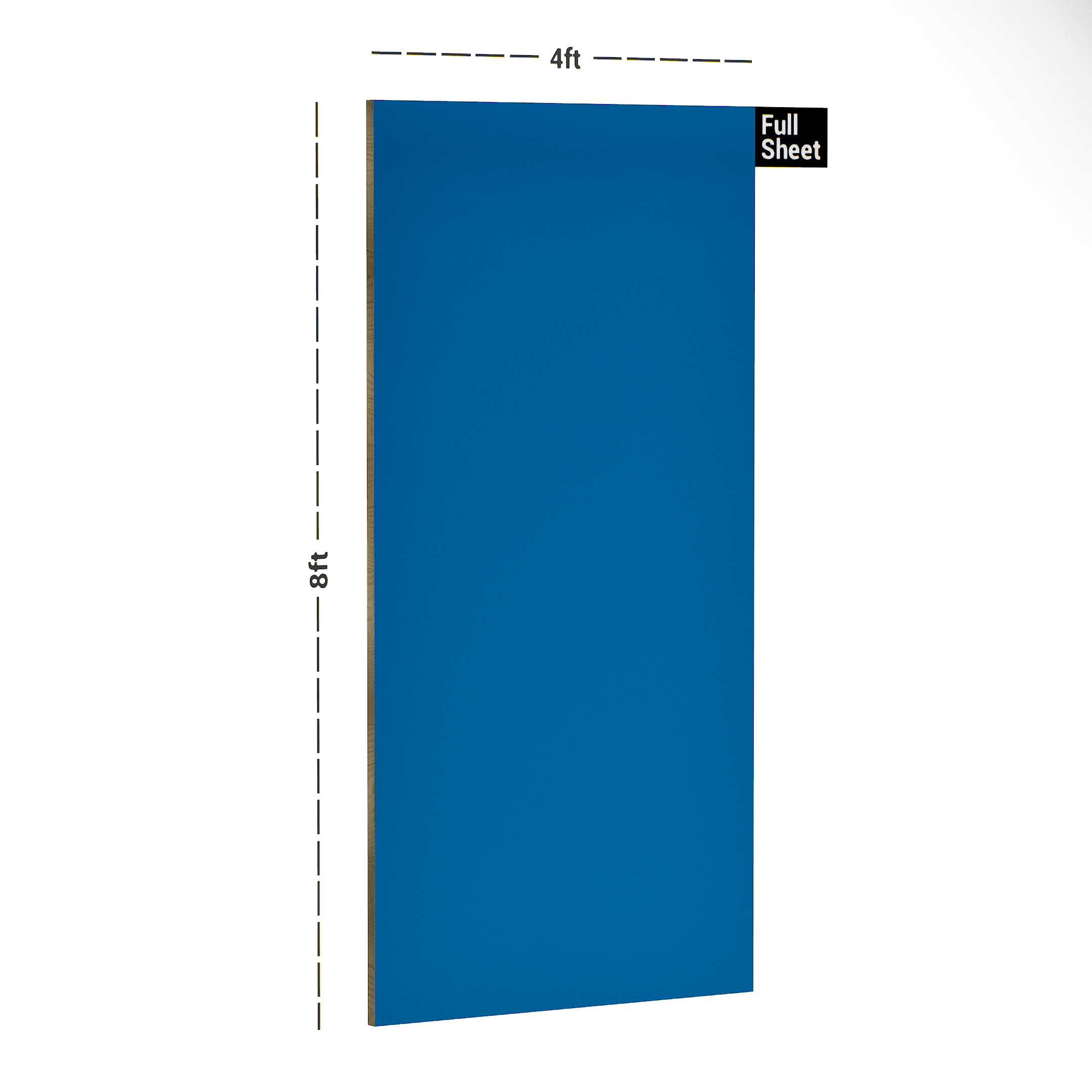 Dimension image of 255 A12 Electric Blue 8 ft x 4 ft Solid Colors Finish Laminate - 1 mm in an isometric setup | Material Depot