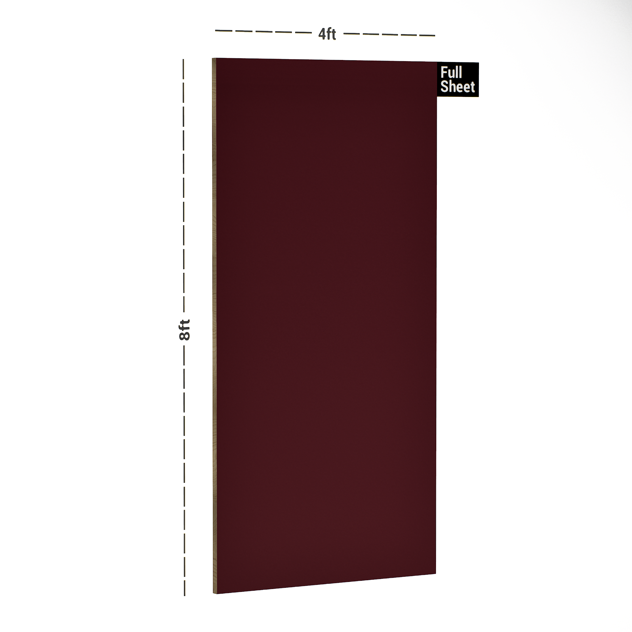 Dimension image of 226 A12 Deep Red CC 8 ft x 4 ft Color Core Finish Laminate - 1 mm in an isometric setup | Material Depot