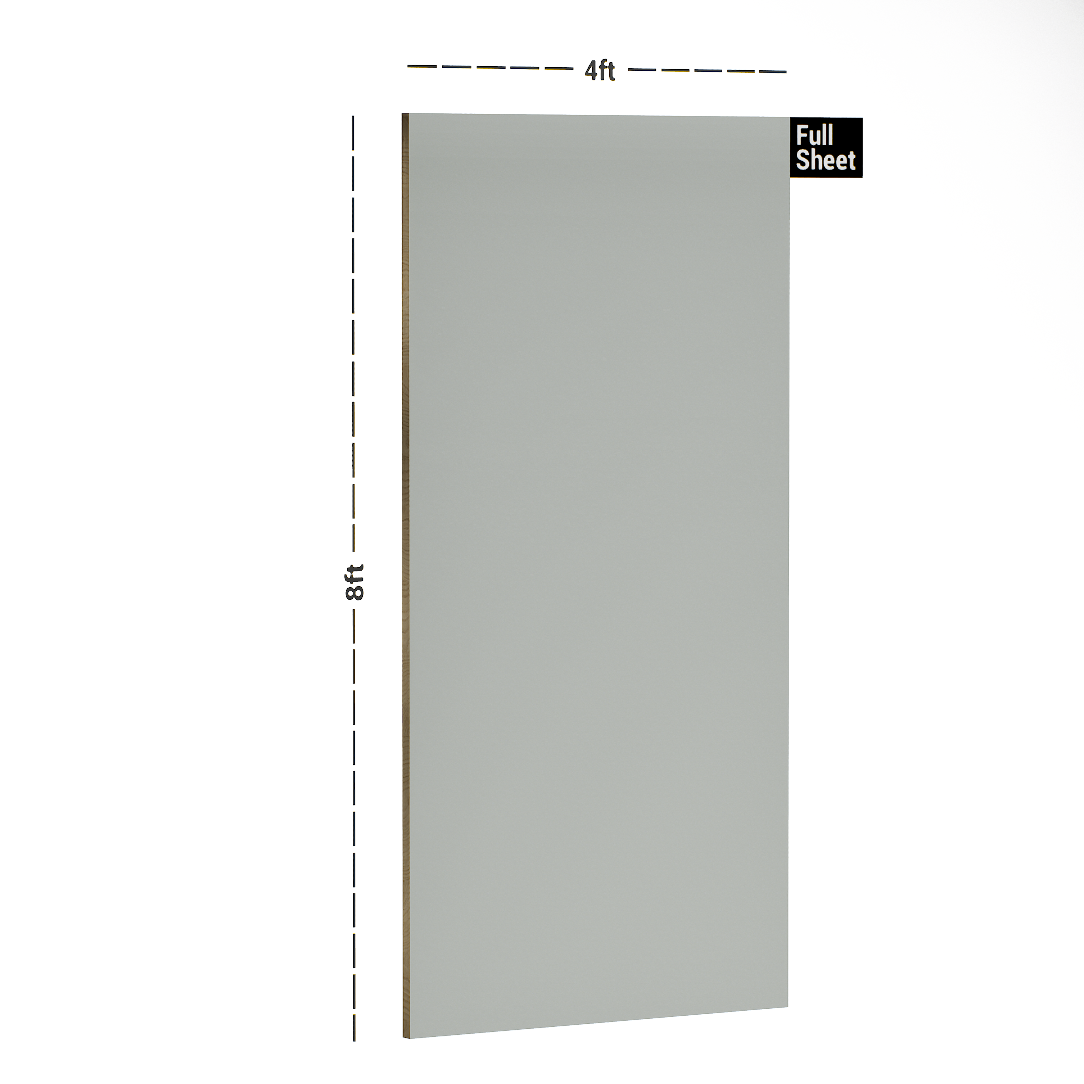 Dimension image of PC 106 L121 Cape Grey 8 ft x 4 ft Velvet Finish Laminate - 1 mm in an isometric setup | Material Depot