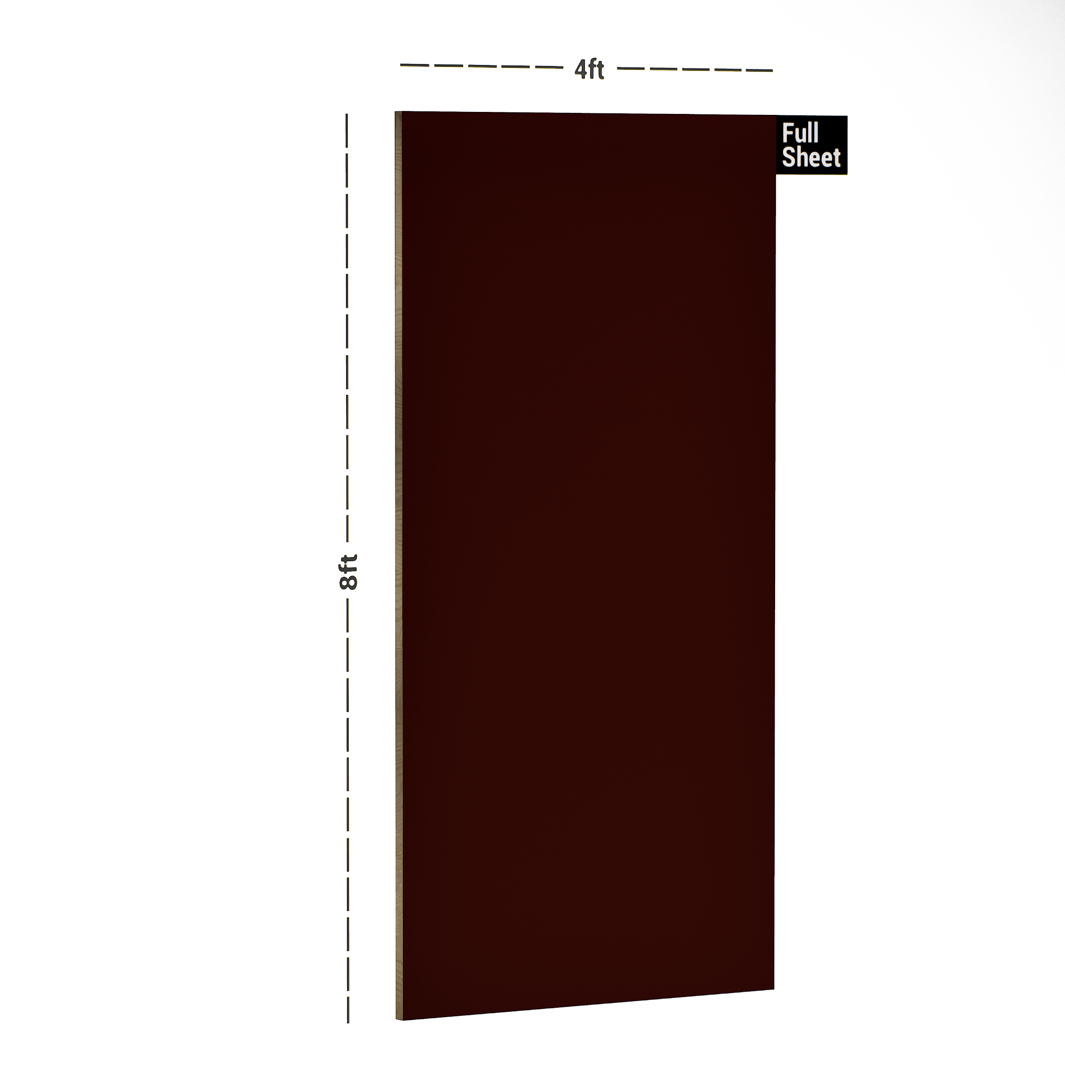 Dimension image of PC 44 L22 Brown 8 ft x 4 ft High Gloss Finish Laminate - 1 mm in an isometric setup | Material Depot