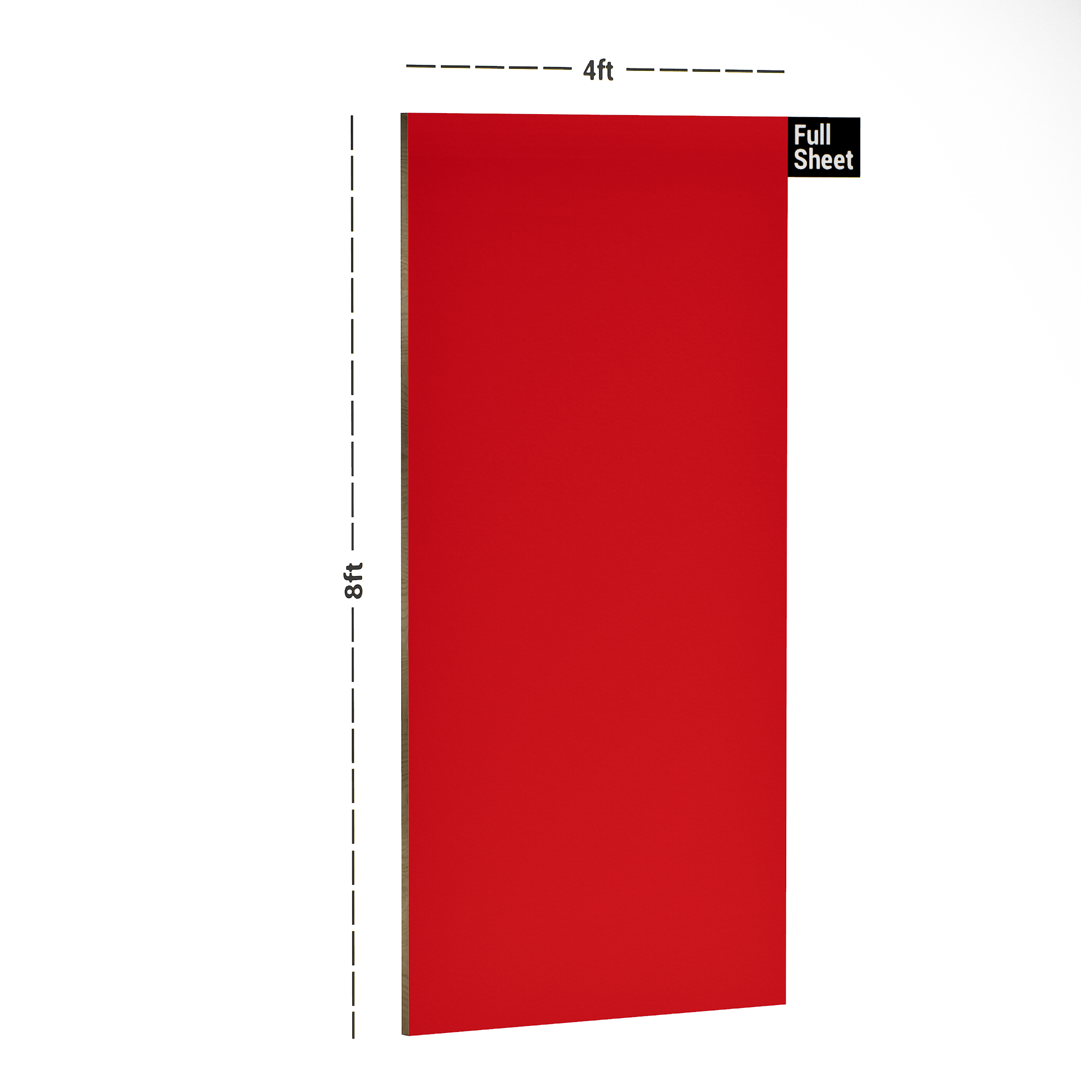 Dimension image of PC 56 L22 Tomato Red 8 ft x 4 ft High Gloss Finish Laminate - 1 mm in an isometric setup | Material Depot