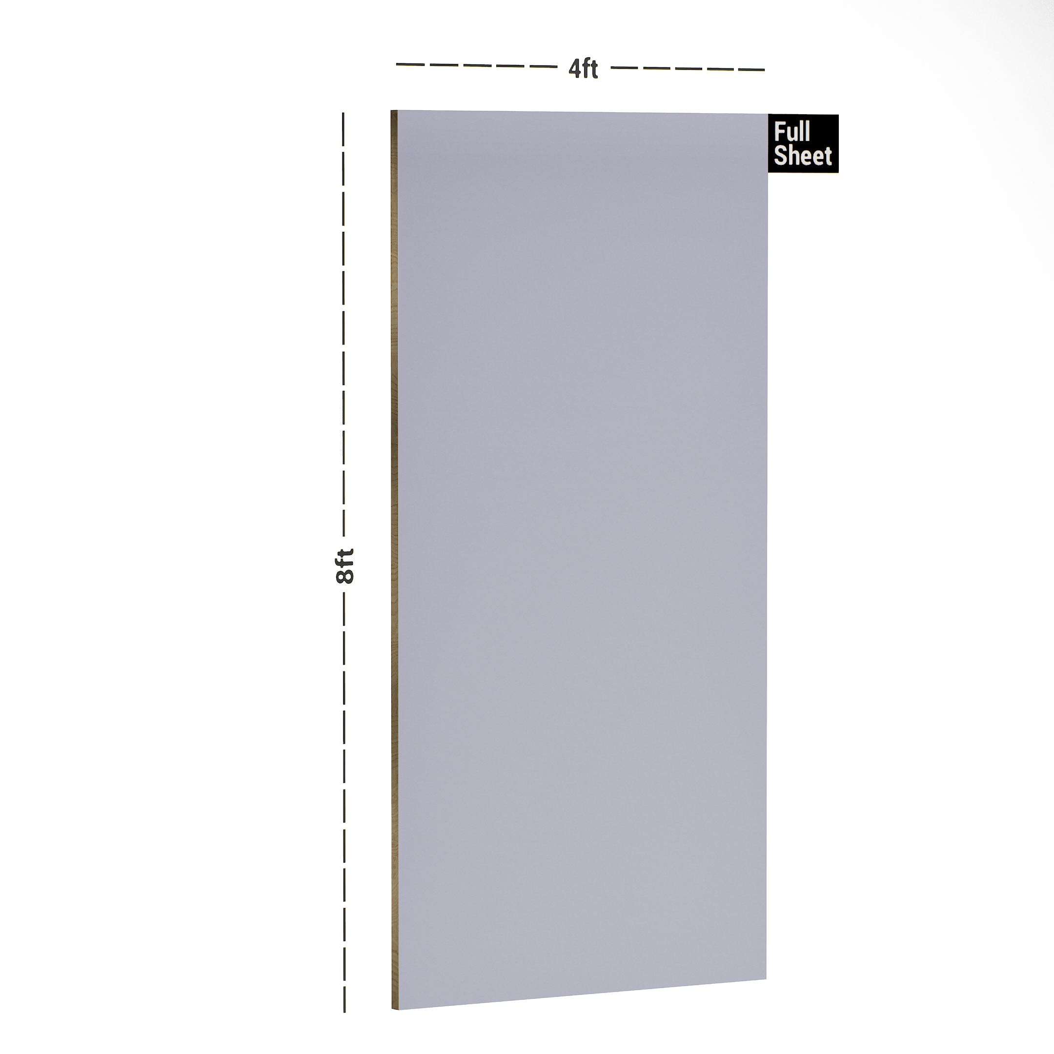 Dimension image of PC 26 L22 Purple 8 ft x 4 ft High Gloss Finish Laminate - 1 mm in an isometric setup | Material Depot